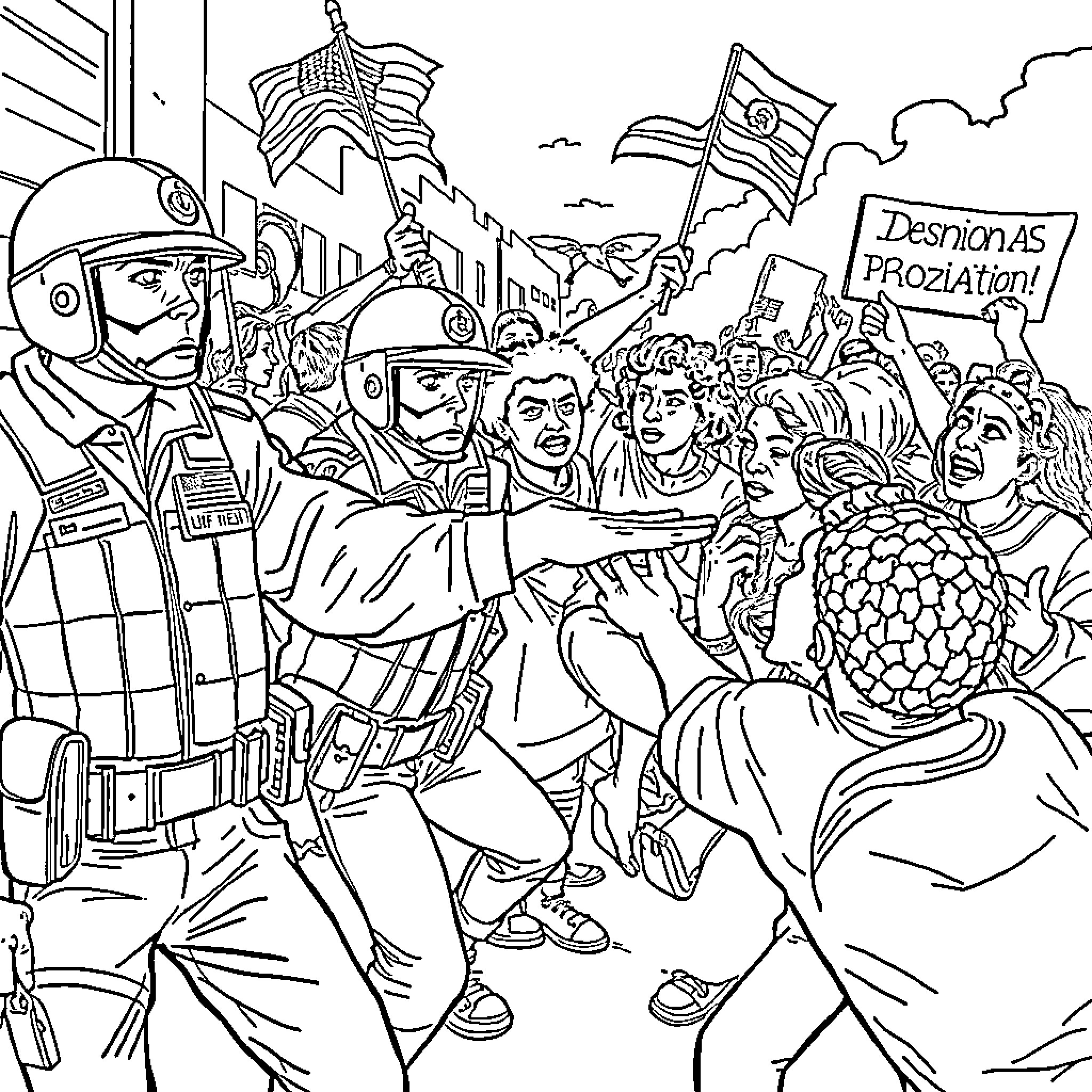 Agents in a crowd of protesters and activists Coloring Page (free black-and-white line drawing printable PDF for all, from beginners to advanced learners, including children, teens, adults, and seniors)