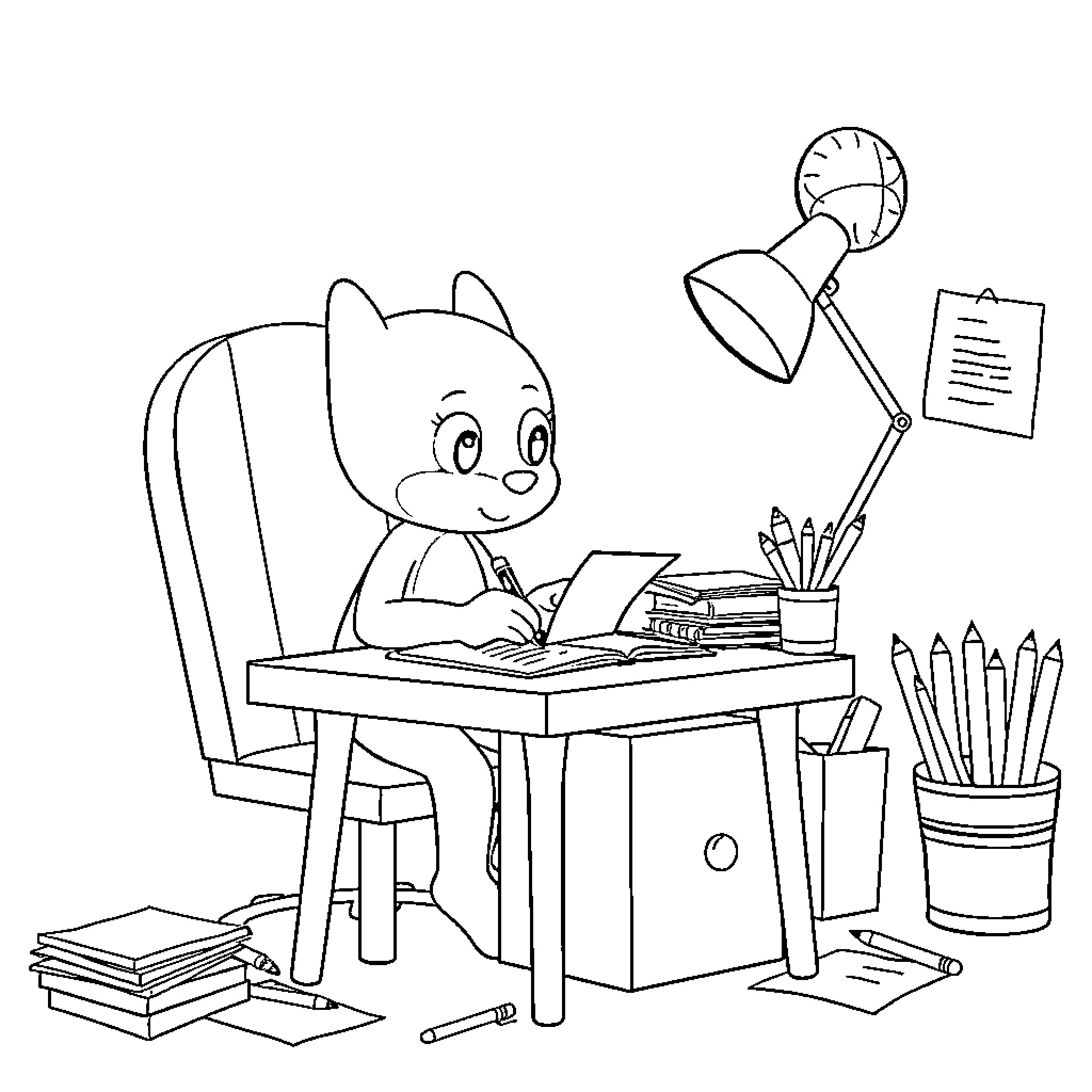 Bluey studying diligently at his desk Coloring Page (free black-and-white line drawing printable PDF for all, from beginners to advanced learners, including children, teens, adults, and seniors)