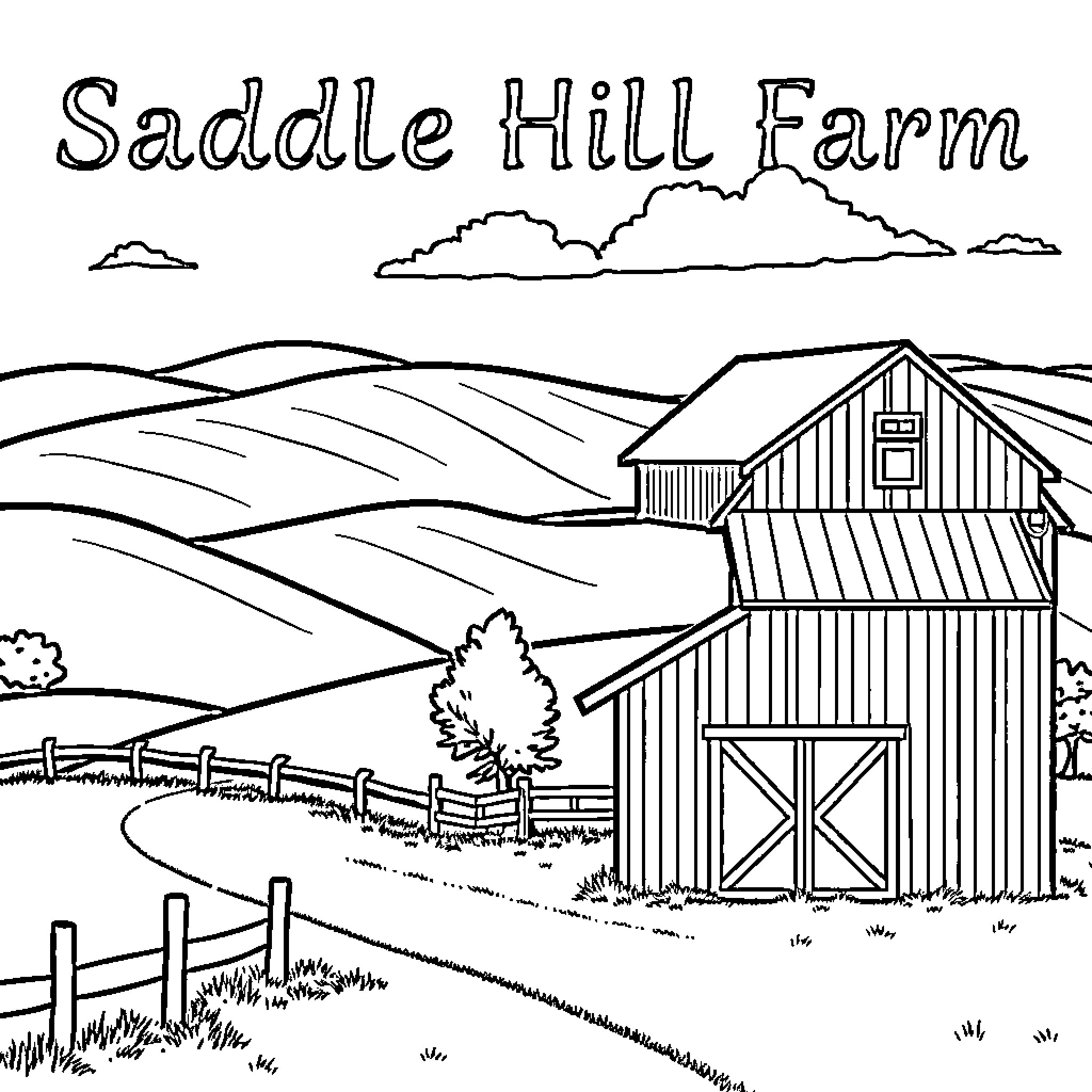 Farm with Rustic Barn and Hilly Landscape Coloring Page (free black-and-white line drawing printable PDF for all, from beginners to advanced learners, including children, teens, adults, and seniors)