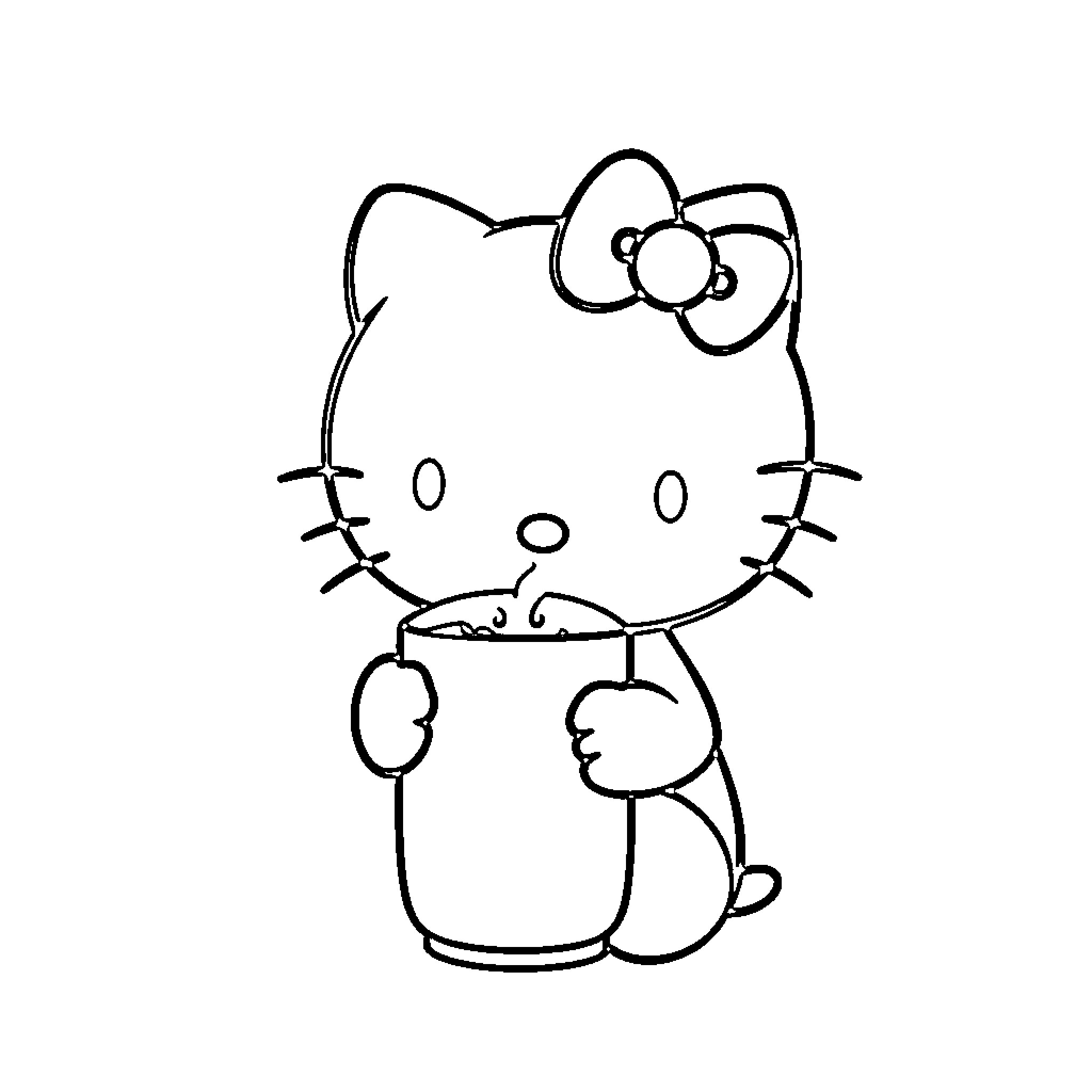 Hello Kitty holding a cup Coloring Page (free black-and-white line drawing printable PDF for all, from beginners to advanced learners, including children, teens, adults, and seniors)