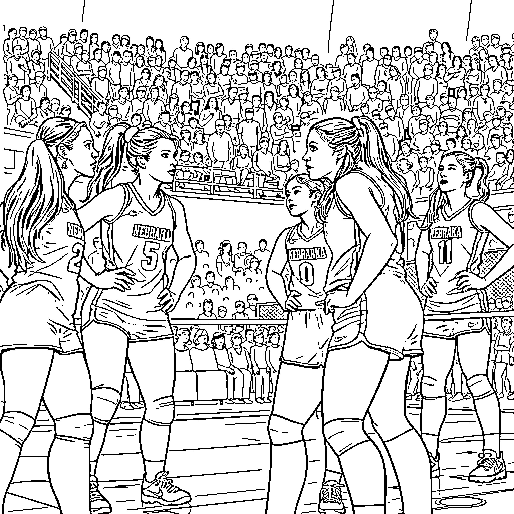 Volleyball game with energetic players on the court Coloring Page (free black-and-white line drawing printable PDF for all, from beginners to advanced learners, including children, teens, adults, and seniors)
