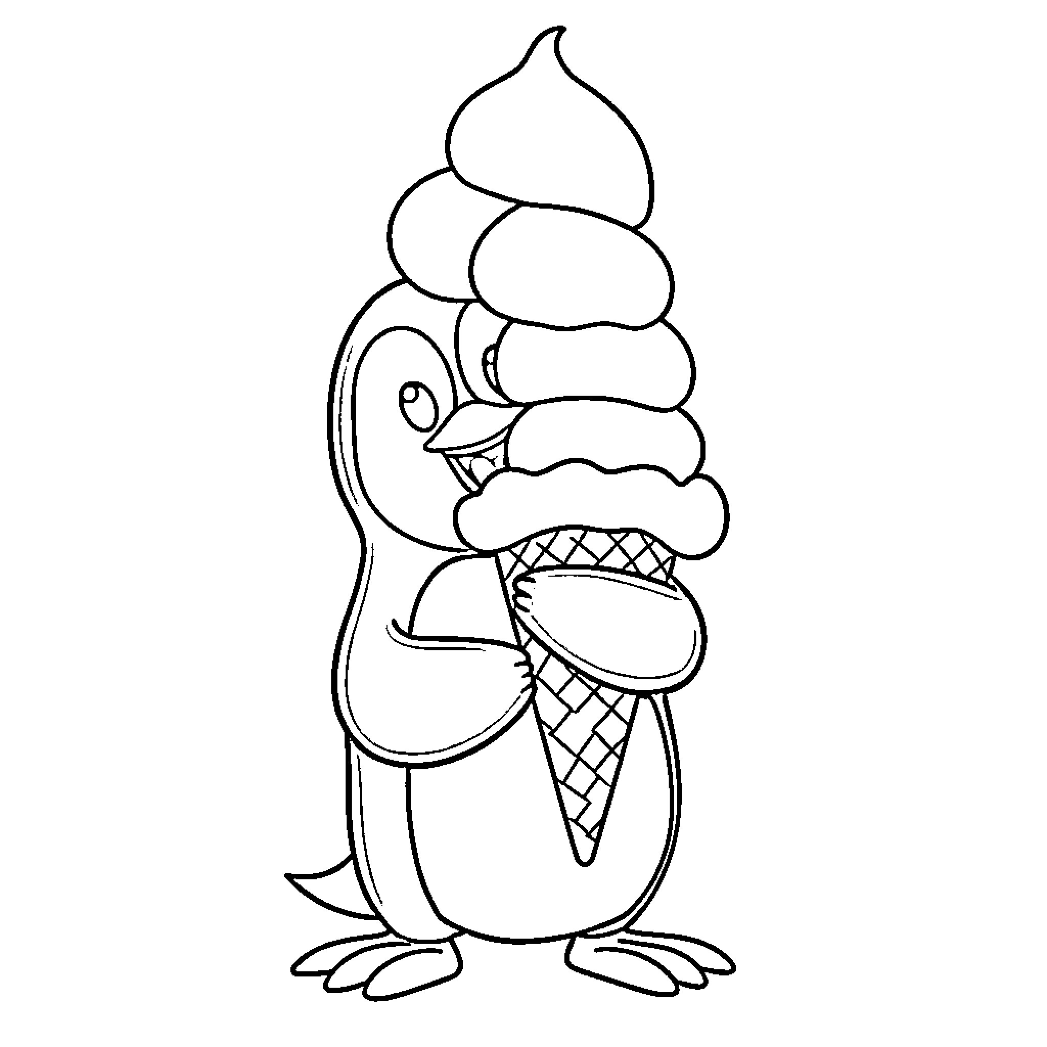 Penguin enjoying an ice cream cone Coloring Page (free black-and-white line drawing printable PDF for all, from beginners to advanced learners, including children, teens, adults, and seniors)