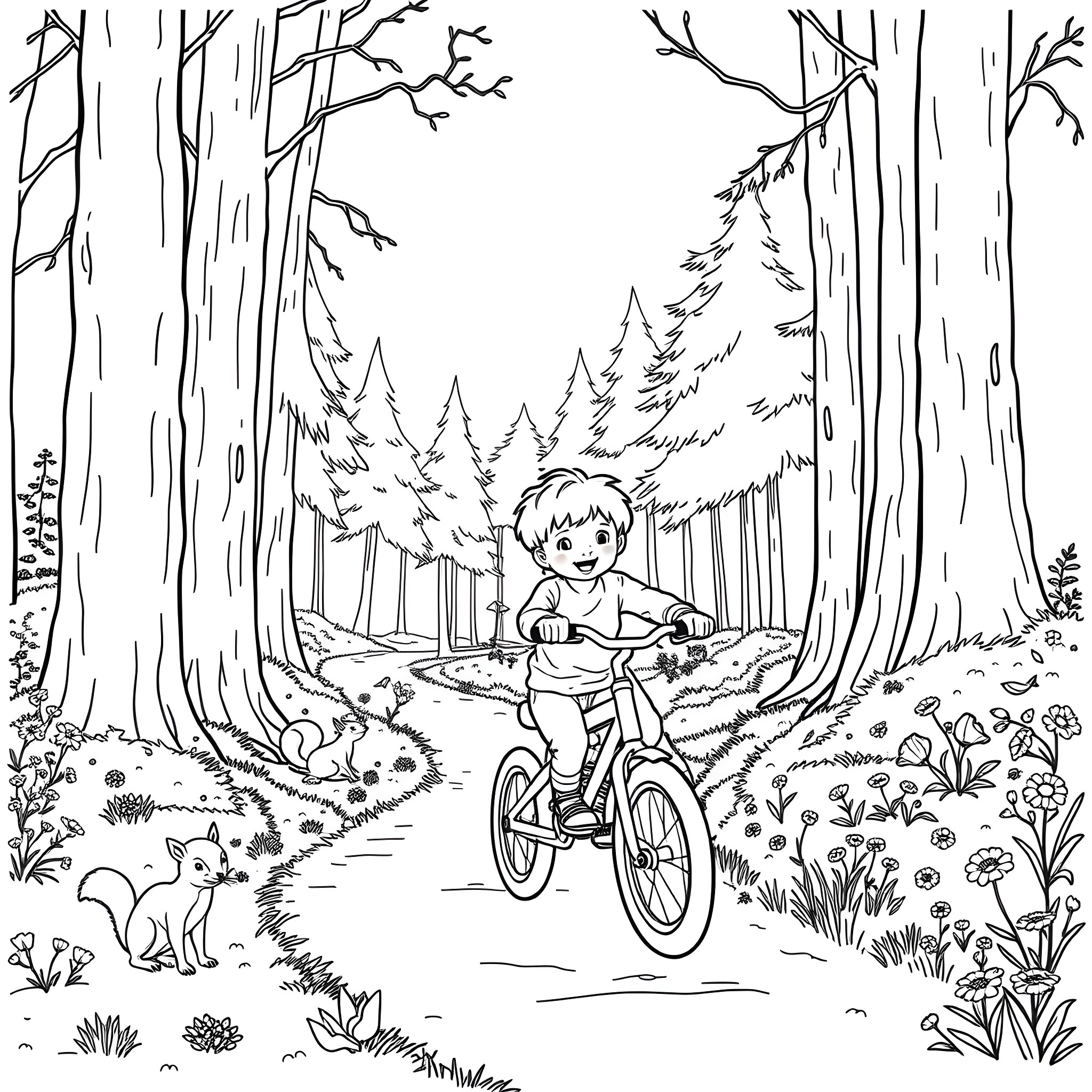Child riding bicycle through forest Coloring Page (free black-and-white line drawing printable PDF for all, from beginners to advanced learners, including children, teens, adults, and seniors)