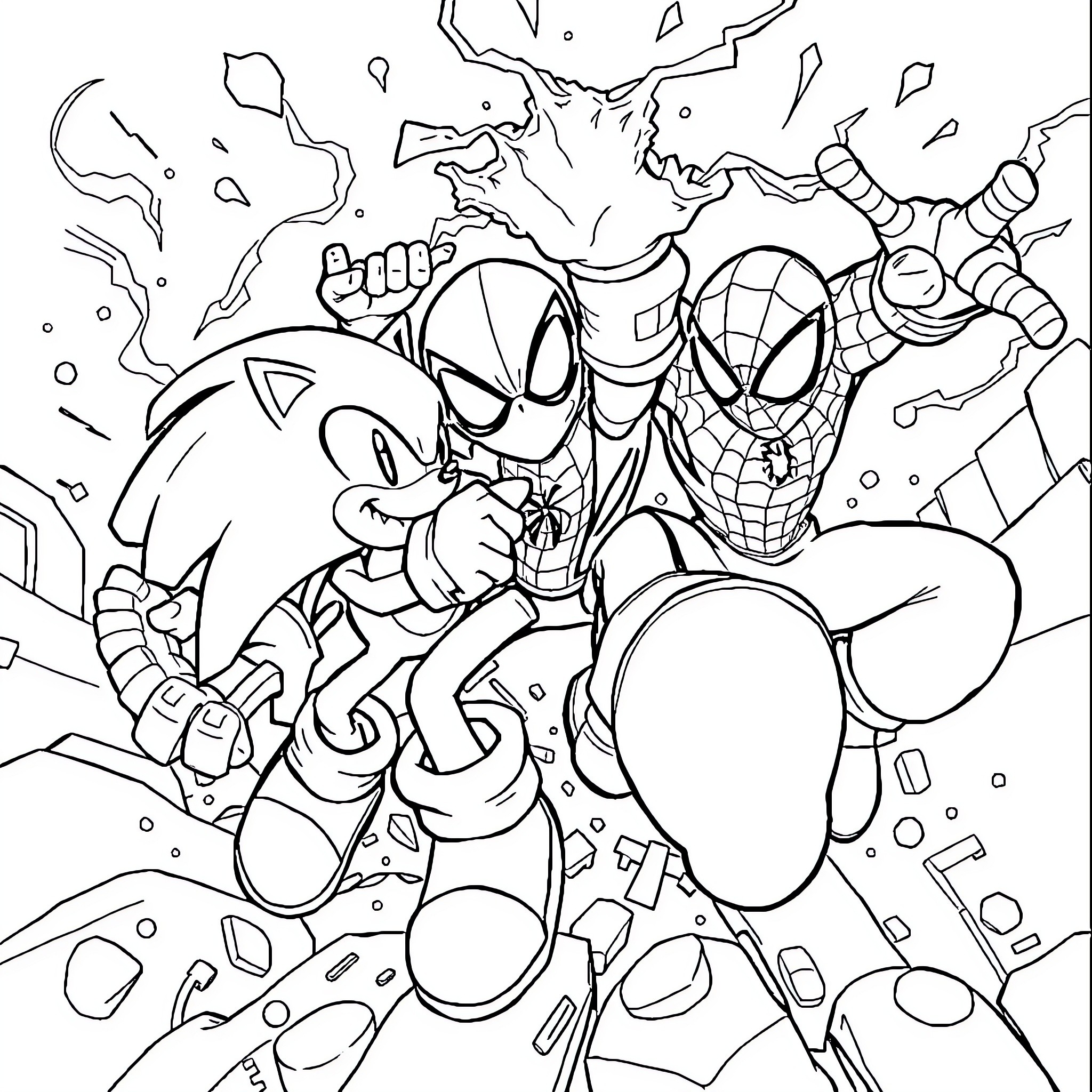Sonic Characters in Action-Packed Scene Coloring Page (free black-and-white line drawing printable PDF for all, from beginners to advanced learners, including children, teens, adults, and seniors)