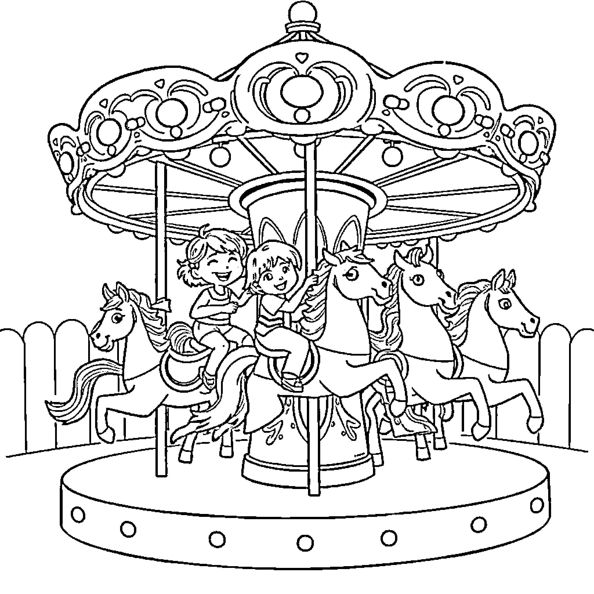Kid's Whimsical Carousel Ride Coloring Page (free black-and-white line drawing printable PDF for all, from beginners to advanced learners, including children, teens, adults, and seniors)