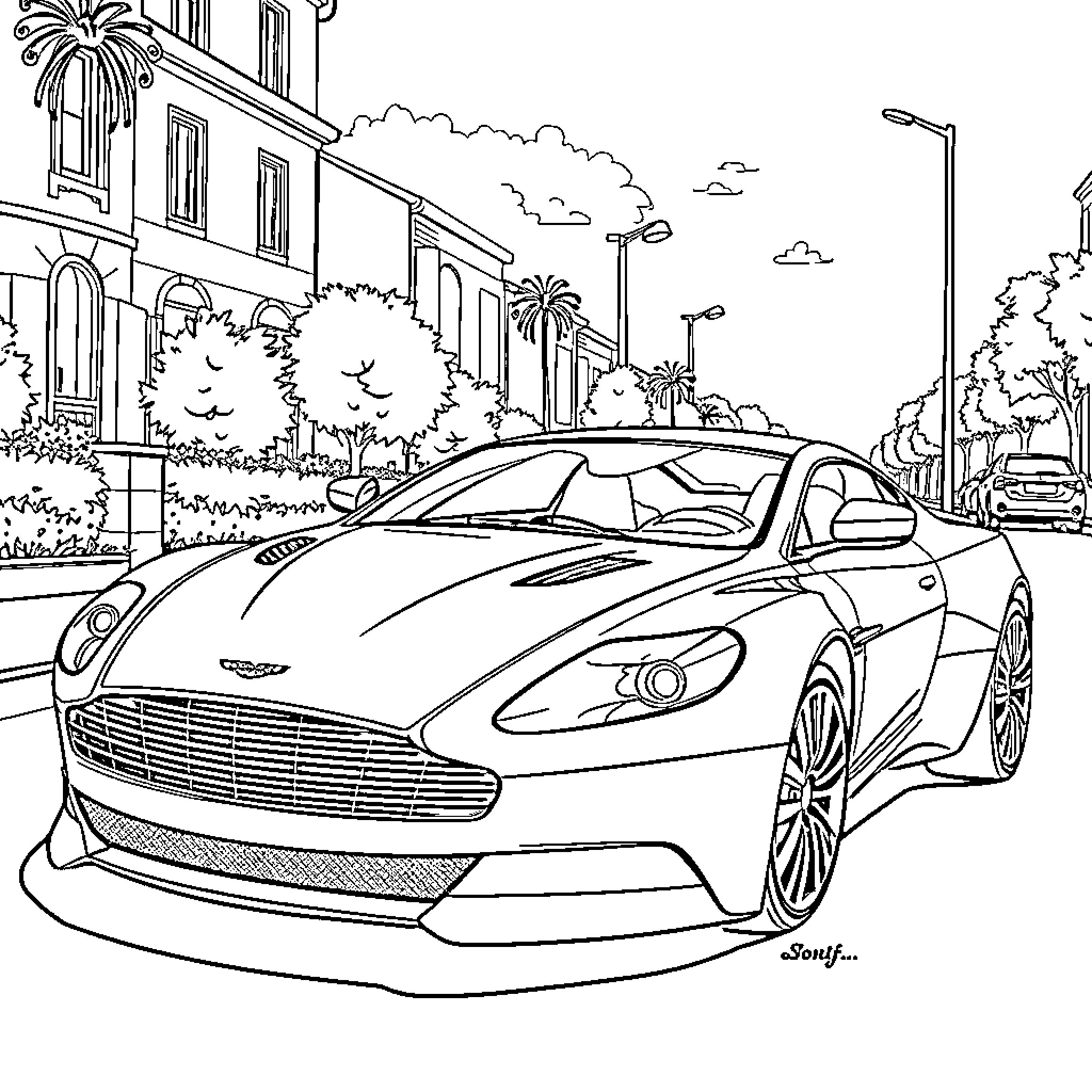 Aston Martin luxury sports car on city street Coloring Page (free black-and-white line drawing printable PDF for all, from beginners to advanced learners, including children, teens, adults, and seniors)