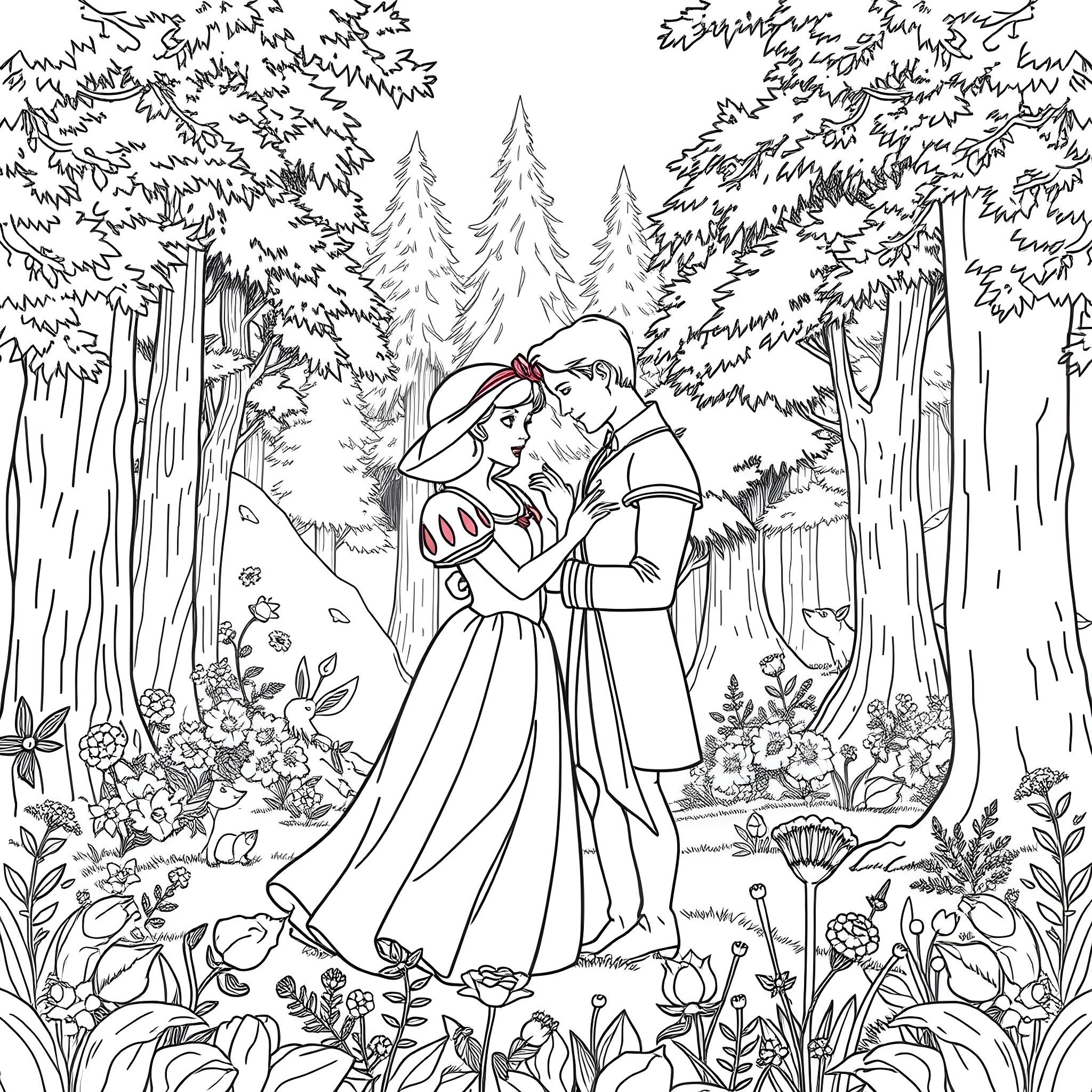 Snow White and the Prince in the enchanted forest Coloring Page (free black-and-white line drawing printable PDF for all, from beginners to advanced learners, including children, teens, adults, and seniors)