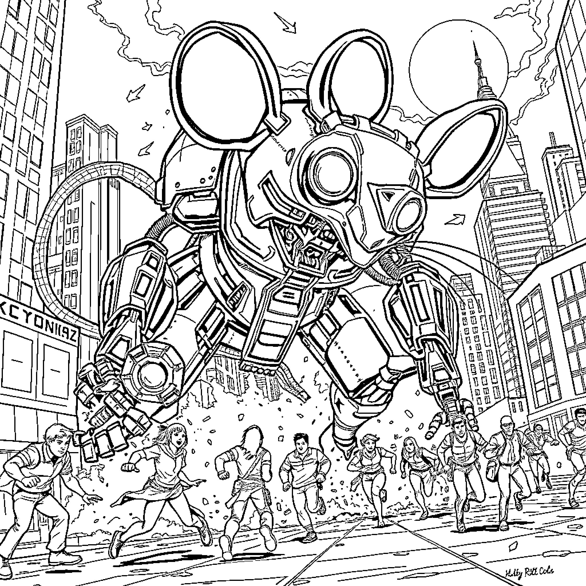 Mouse Robot Battles Onlookers in Futuristic City Coloring Page (free black-and-white line drawing printable PDF for all, from beginners to advanced learners, including children, teens, adults, and seniors)