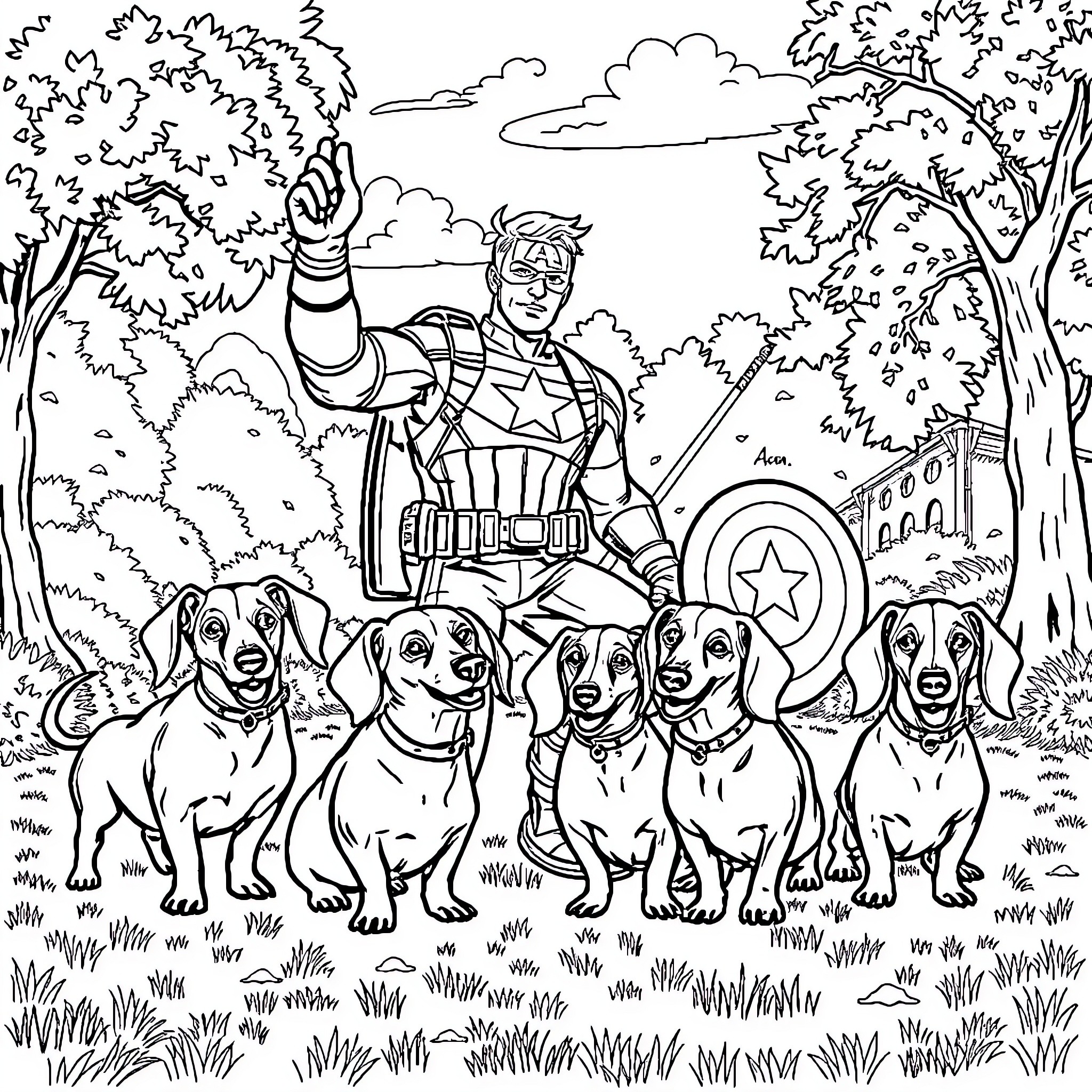 Captain America leads a pack of heroic hounds through the countryside Coloring Page (free black-and-white line drawing printable PDF for all, from beginners to advanced learners, including children, teens, adults, and seniors)