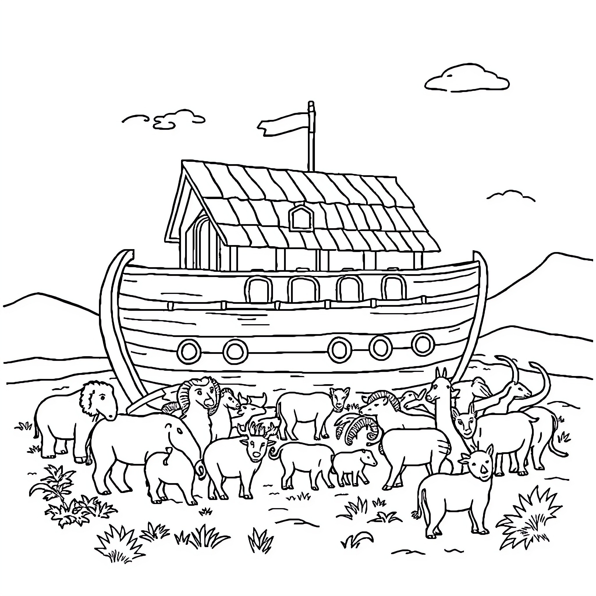 Noah's Ark with Various Animals on Board Coloring Page (free black-and-white line drawing printable PDF for all, from beginners to advanced learners, including children, teens, adults, and seniors)