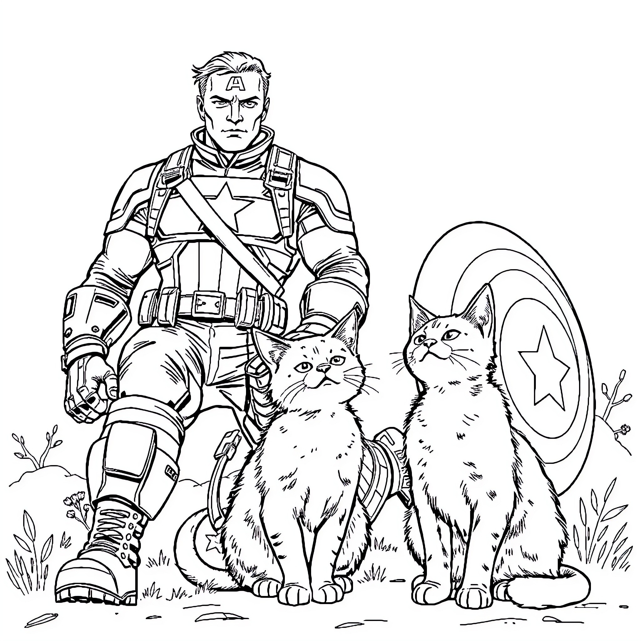 Winter Soldier and His Furry Companions Coloring Page (free black-and-white line drawing printable PDF for all, from beginners to advanced learners, including children, teens, adults, and seniors)