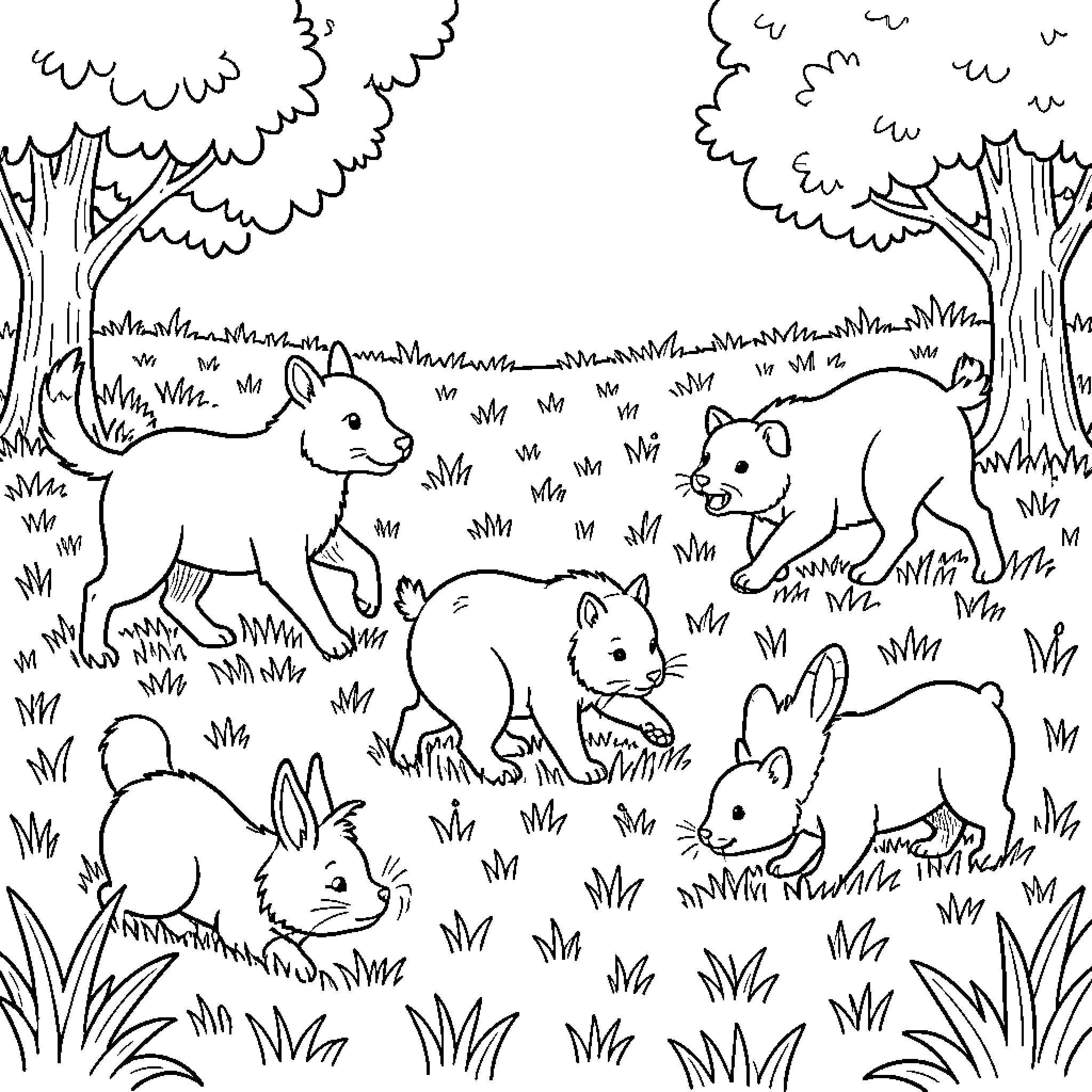 Animal friends walking together through a grassy field Coloring Page (free black-and-white line drawing printable PDF for all, from beginners to advanced learners, including children, teens, adults, and seniors)