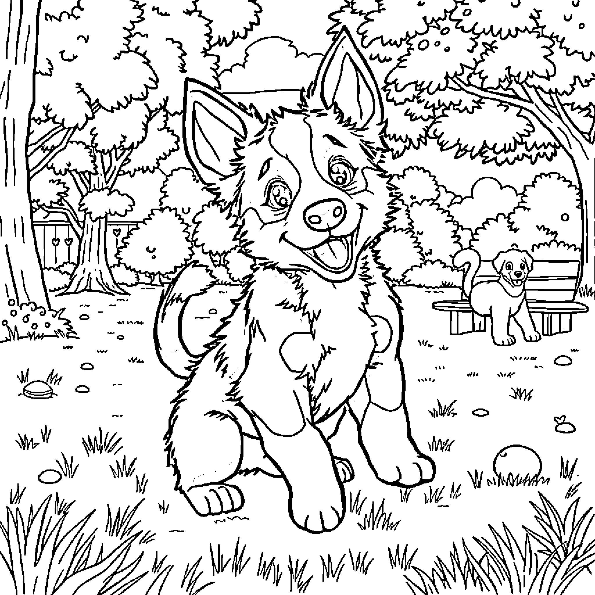 Bluey and friends explore the forest Coloring Page (free black-and-white line drawing printable PDF for all, from beginners to advanced learners, including children, teens, adults, and seniors)