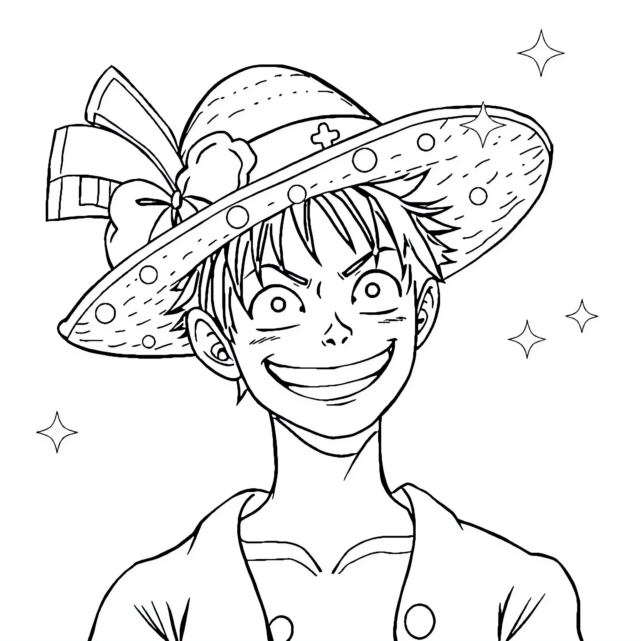 Luffy's Adventurous Spirit Shines in Starry Outfit Coloring Page (free black-and-white line drawing printable PDF for all, from beginners to advanced learners, including children, teens, adults, and seniors)