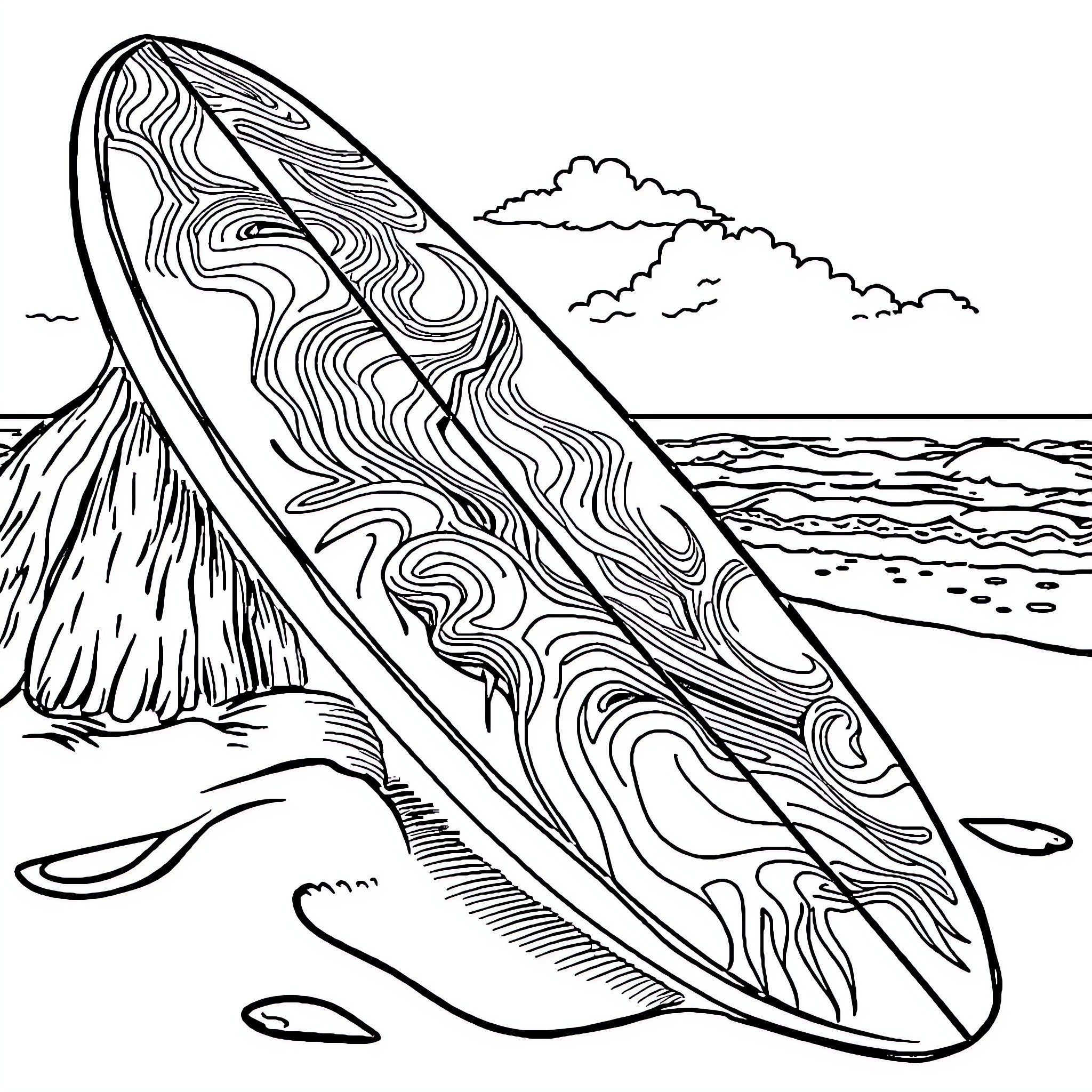 Surfboard with unique wave-like pattern on the beach Coloring Page (free black-and-white line drawing printable PDF for all, from beginners to advanced learners, including children, teens, adults, and seniors)