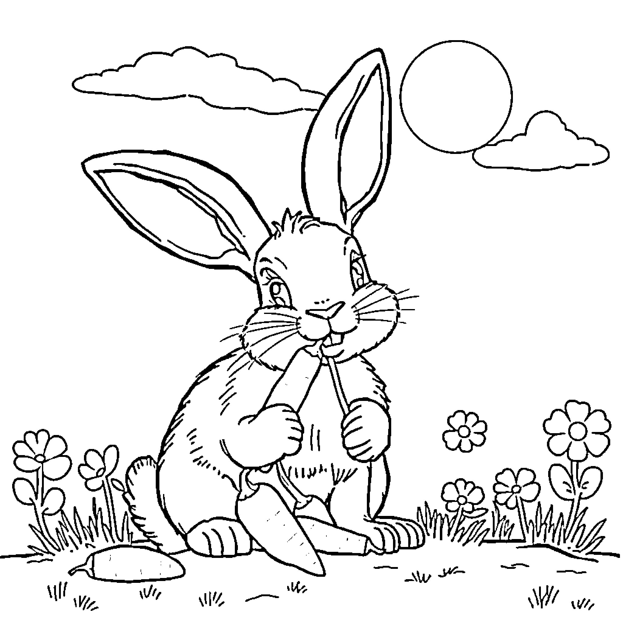 Rabbit enjoying peaceful nature outdoors Coloring Page (free black-and-white line drawing printable PDF for all, from beginners to advanced learners, including children, teens, adults, and seniors)