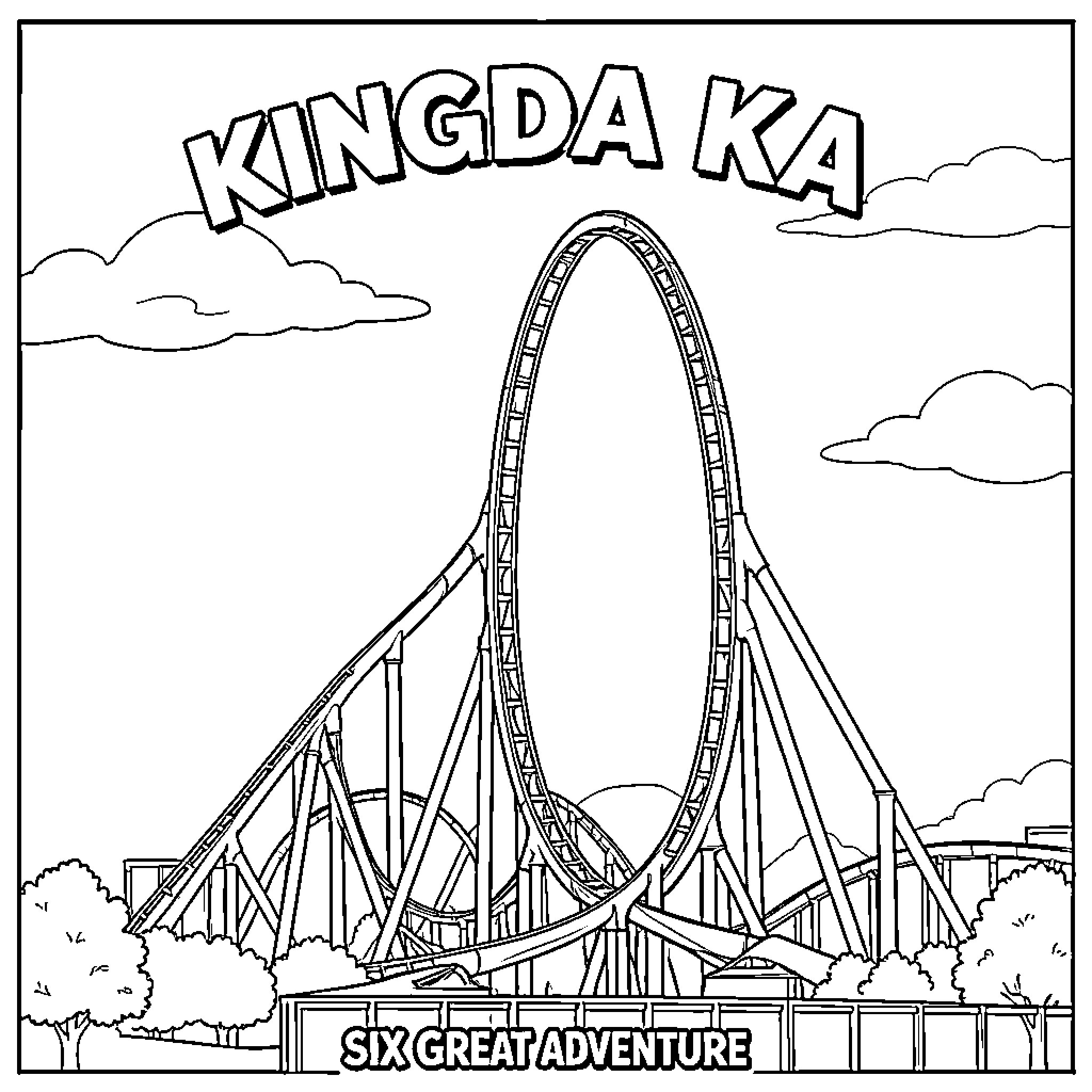 Kingda Ka roller coaster adventure ride Coloring Page (free black-and-white line drawing printable PDF for all, from beginners to advanced learners, including children, teens, adults, and seniors)