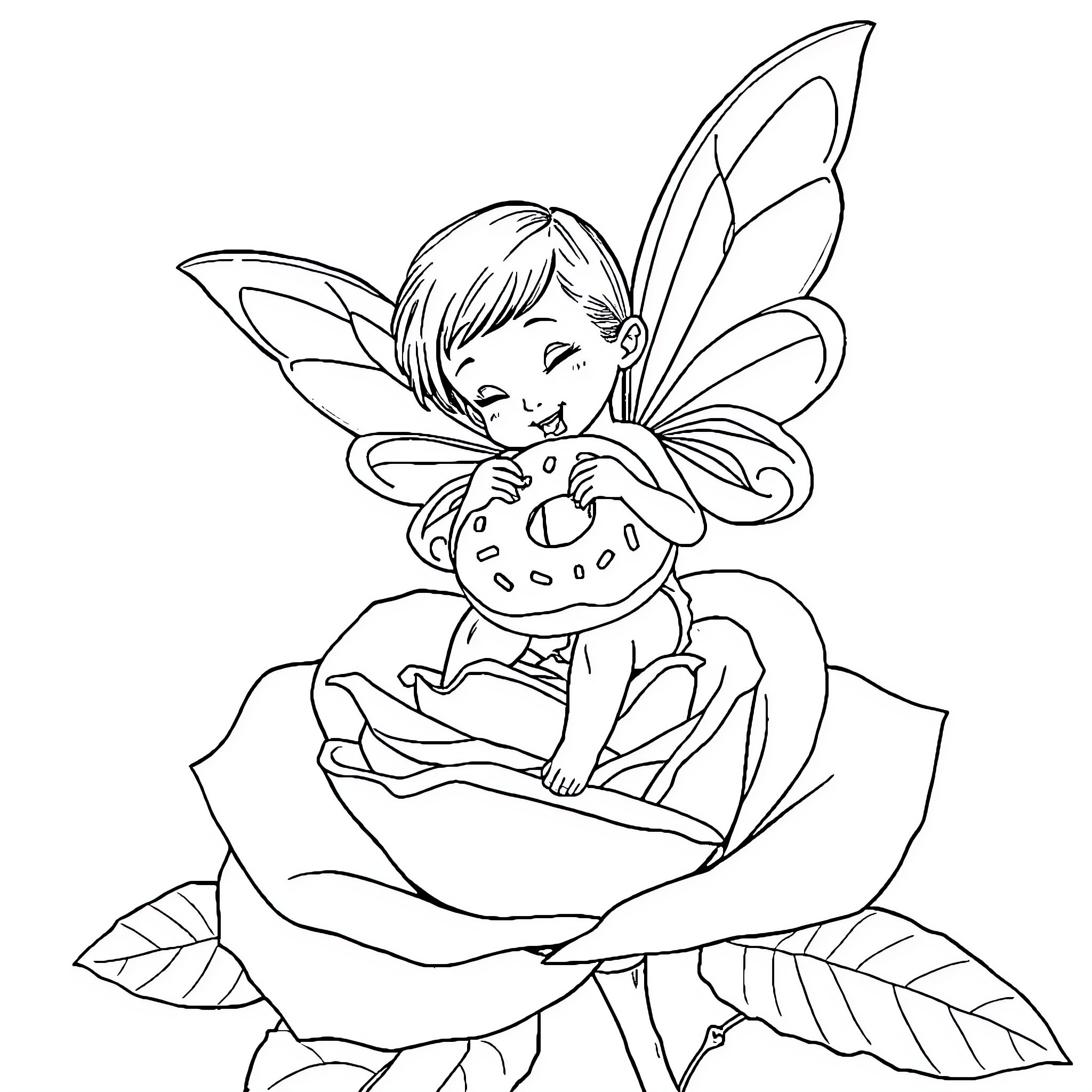 Fairy resting on a flower petal Coloring Page (free black-and-white line drawing printable PDF for all, from beginners to advanced learners, including children, teens, adults, and seniors)