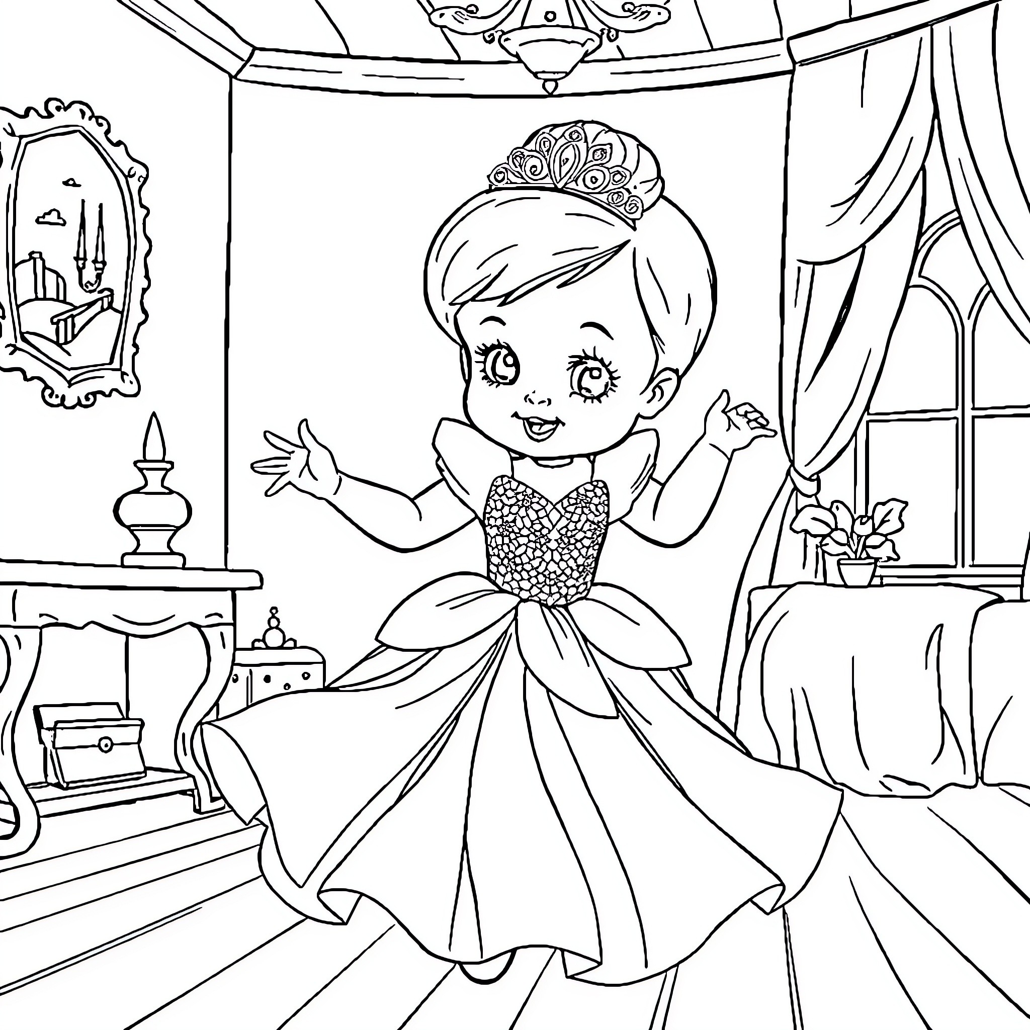 Cinderella's Joyful Transformation in the Palace Coloring Page (free black-and-white line drawing printable PDF for all, from beginners to advanced learners, including children, teens, adults, and seniors)