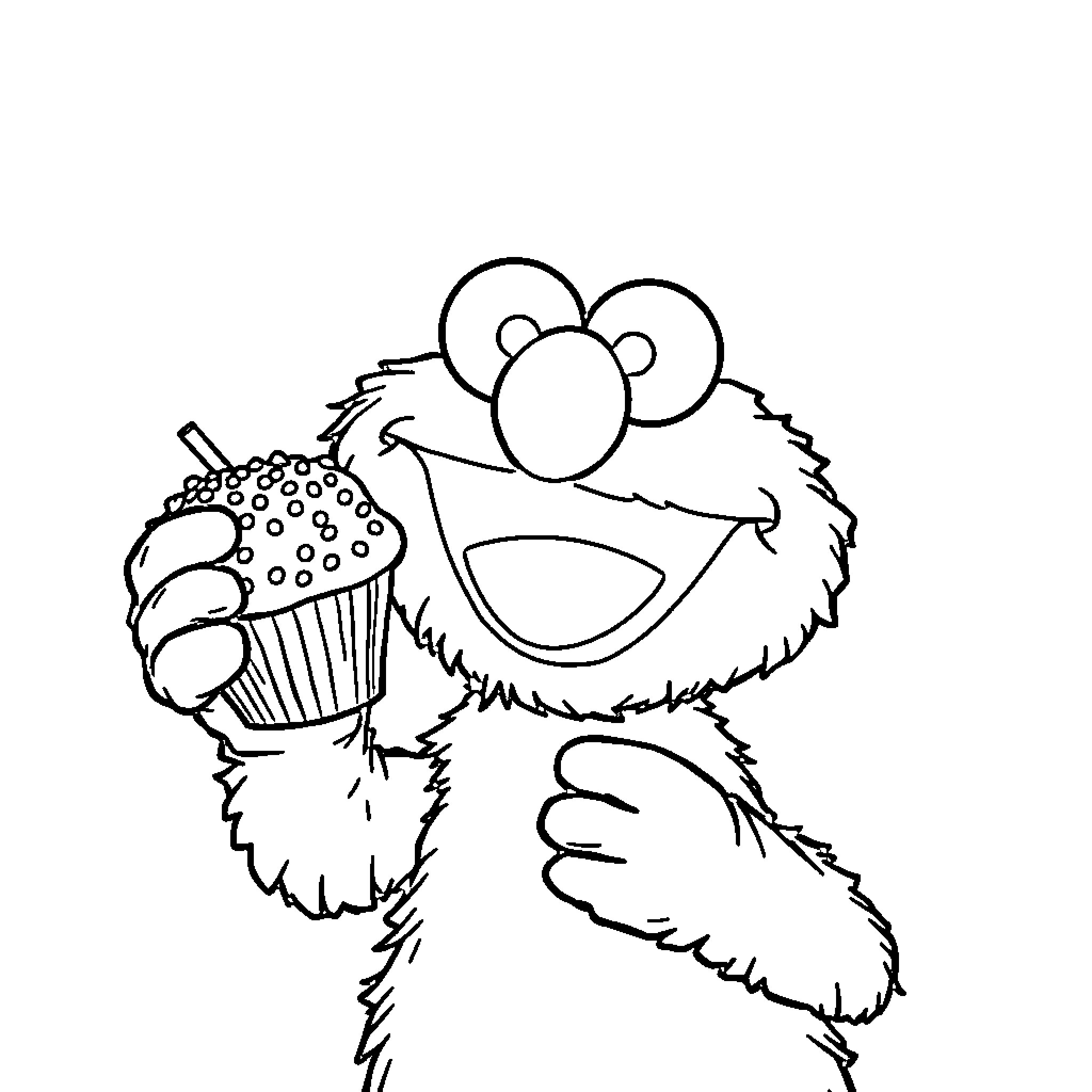 Elmo Holding a Cupcake and Smiling Joyfully Coloring Page (free black-and-white line drawing printable PDF for all, from beginners to advanced learners, including children, teens, adults, and seniors)