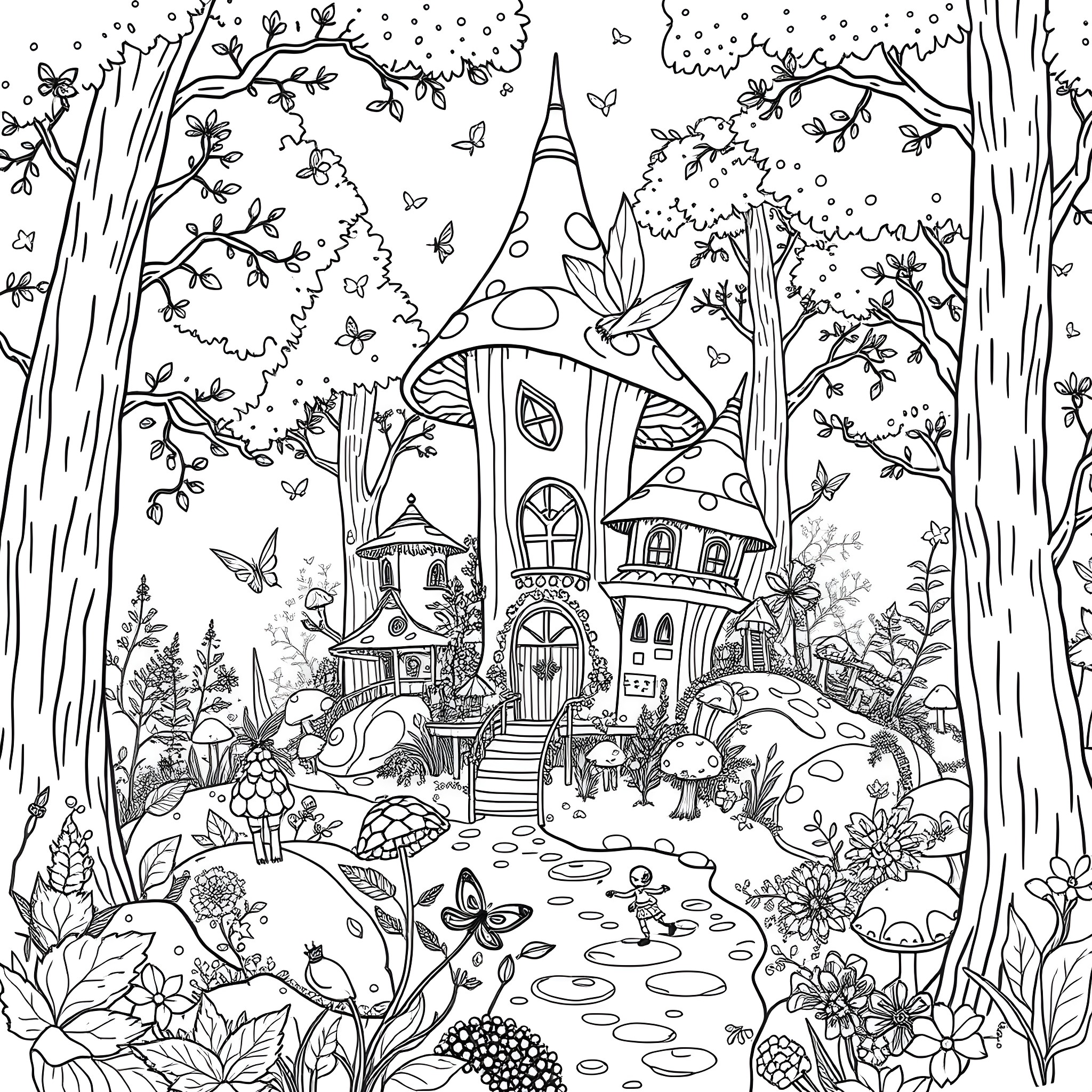 Mushroom Fantasy Forest with Whimsical Cottages Coloring Page (free black-and-white line drawing printable PDF for all, from beginners to advanced learners, including children, teens, adults, and seniors)