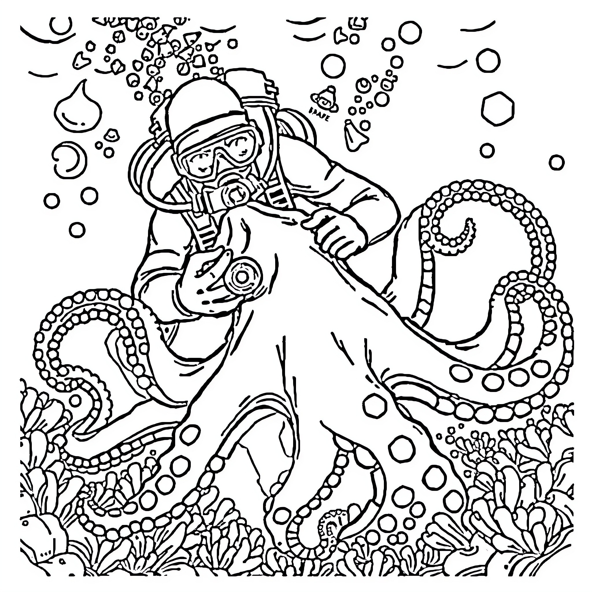 Diver exploring underwater world with sea creatures Coloring Page (free black-and-white line drawing printable PDF for all, from beginners to advanced learners, including children, teens, adults, and seniors)