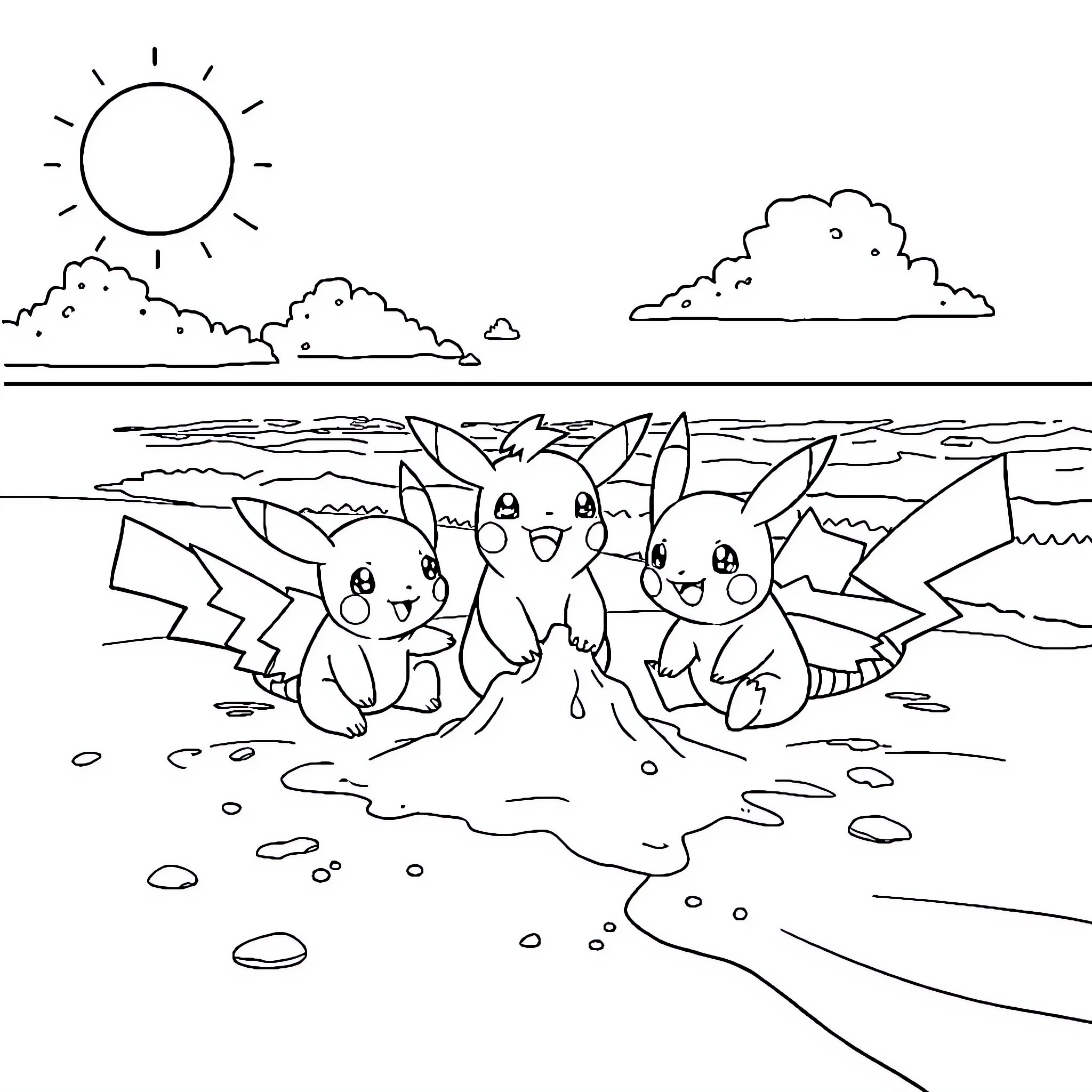 Pokémon enjoying a sunny day at the beach Coloring Page (free black-and-white line drawing printable PDF for all, from beginners to advanced learners, including children, teens, adults, and seniors)
