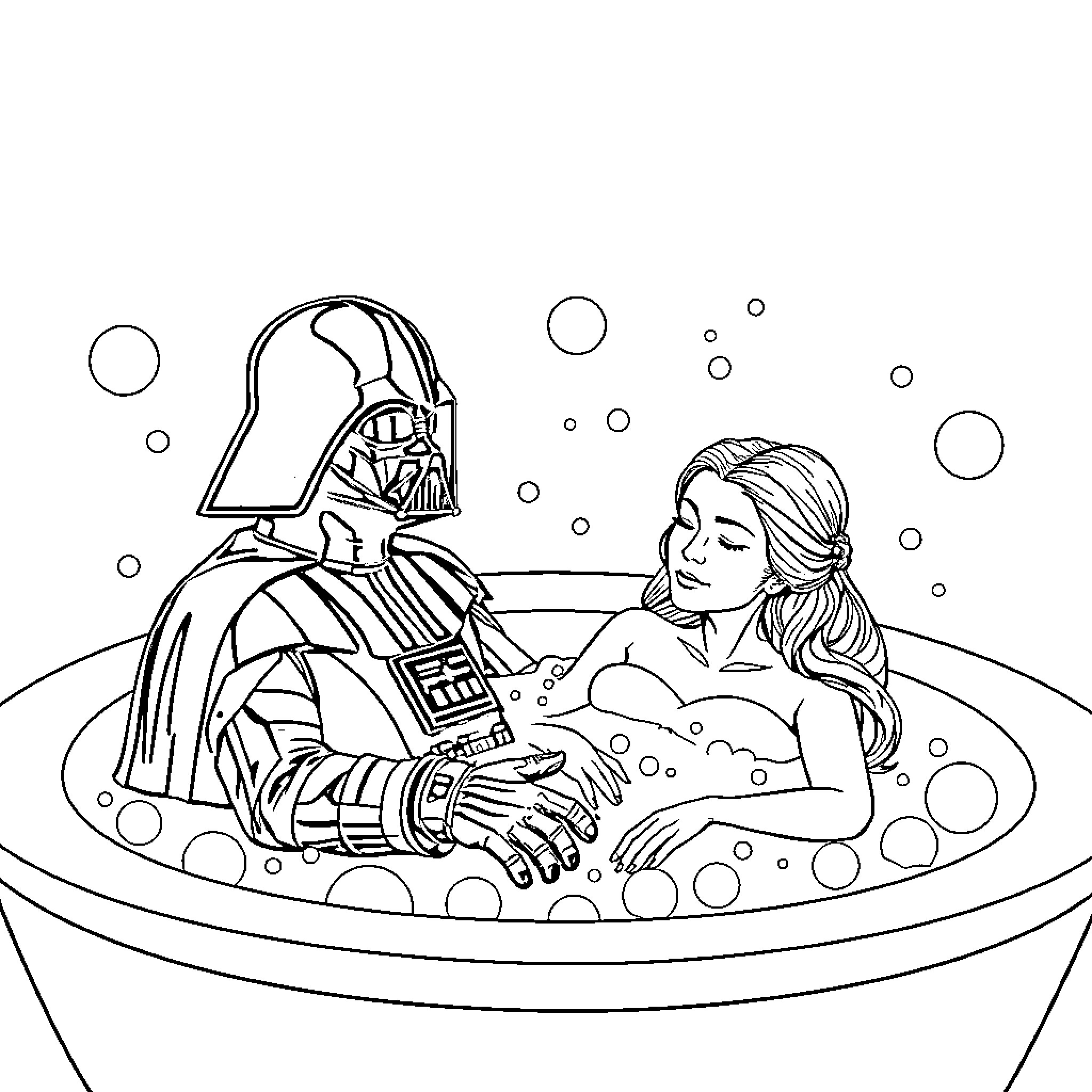 Darth Vader relaxing with a woman in a bath Coloring Page (free black-and-white line drawing printable PDF for all, from beginners to advanced learners, including children, teens, adults, and seniors)