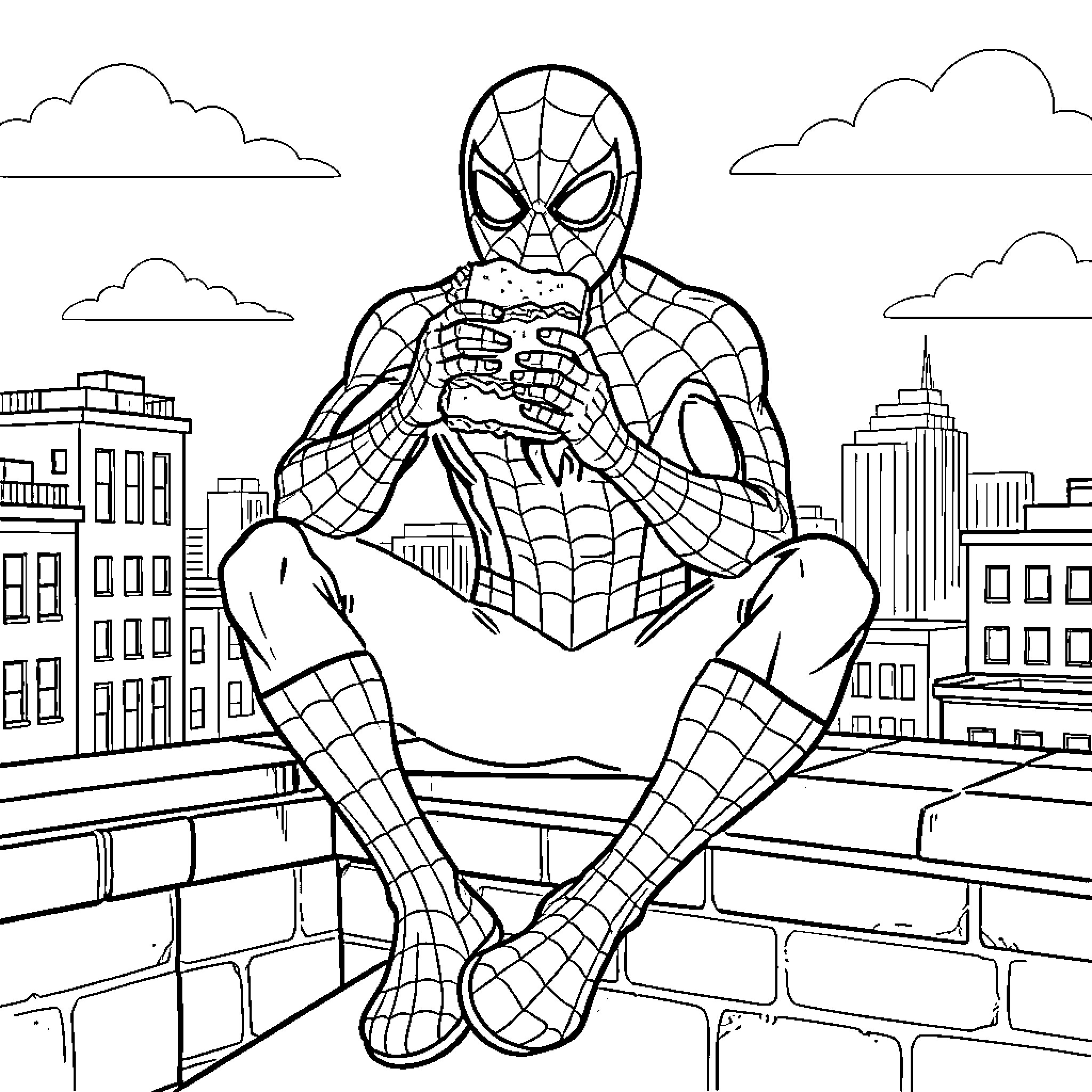 Spiderman sitting on a rooftop eating a sandwich Coloring Page (free black-and-white line drawing printable PDF for all, from beginners to advanced learners, including children, teens, adults, and seniors)