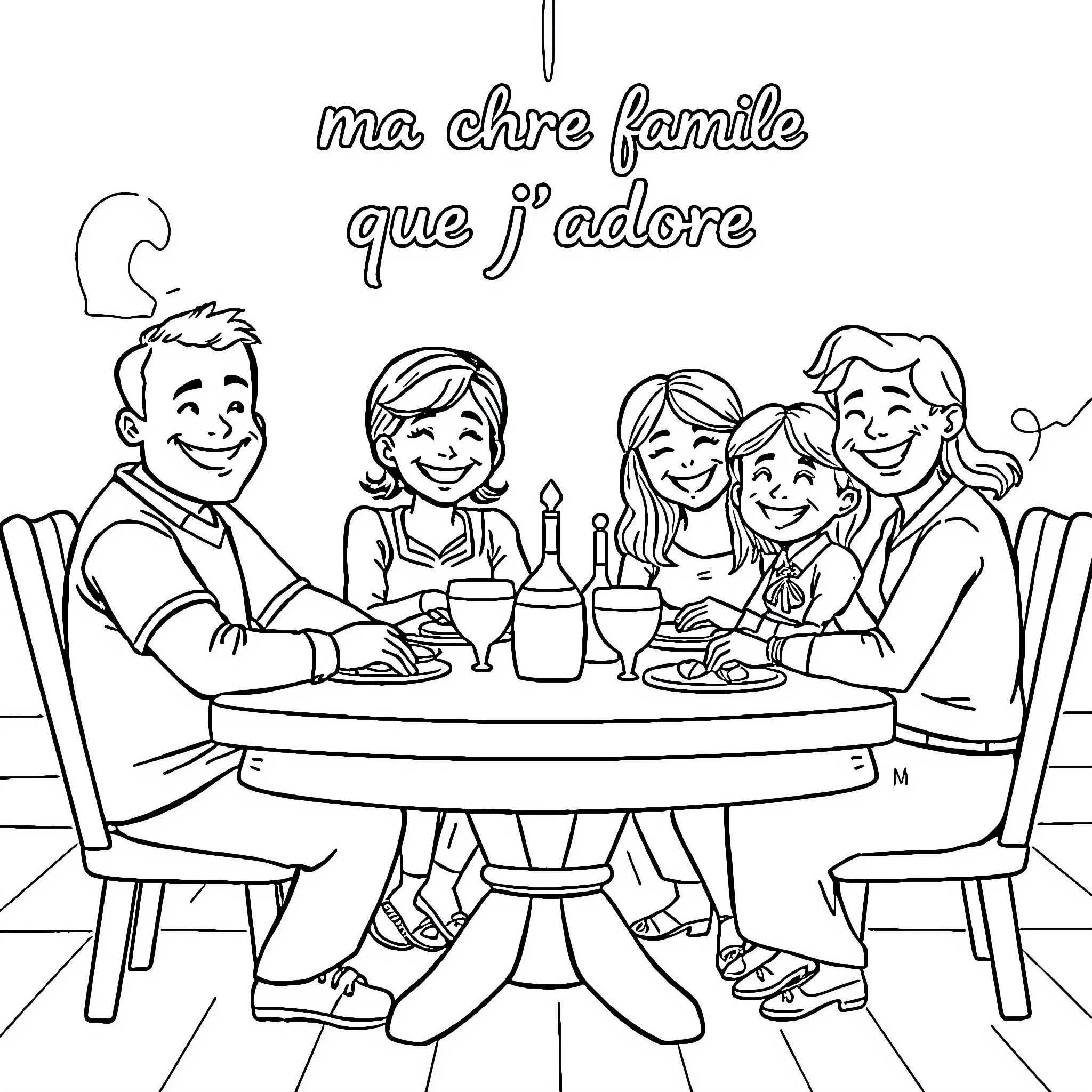 Family Enjoying a Meal Together Coloring Page (free black-and-white line drawing printable PDF for all, from beginners to advanced learners, including children, teens, adults, and seniors)