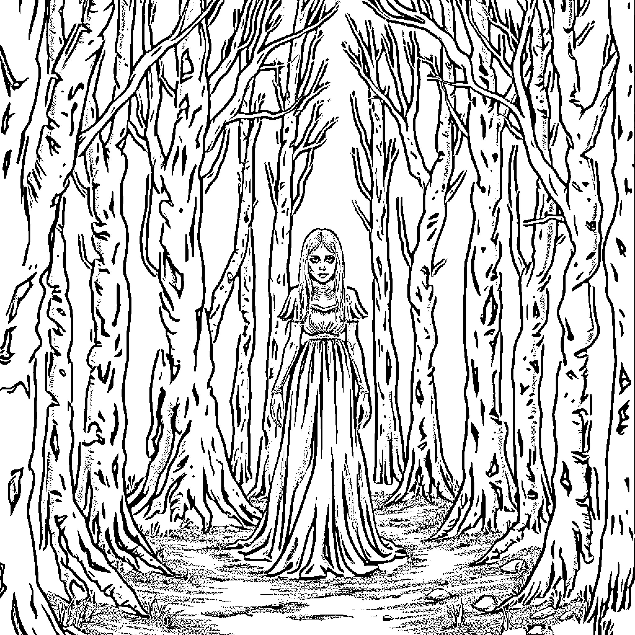 Deer in a Mystical Forest Clearing Coloring Page (free black-and-white line drawing printable PDF for all, from beginners to advanced learners, including children, teens, adults, and seniors)