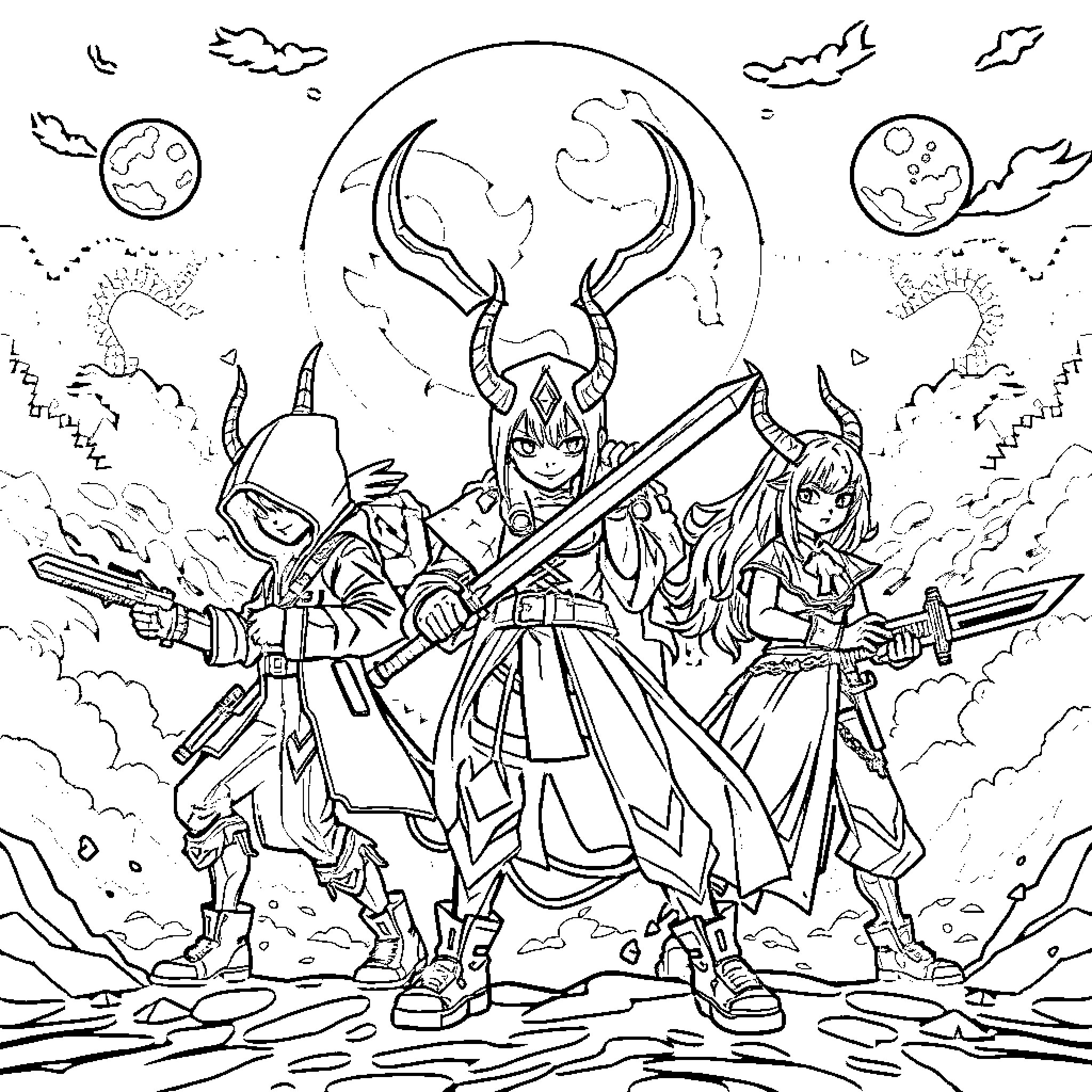 Demon Hunters in Action Against Otherworldly Foes Coloring Page (free black-and-white line drawing printable PDF for all, from beginners to advanced learners, including children, teens, adults, and seniors)