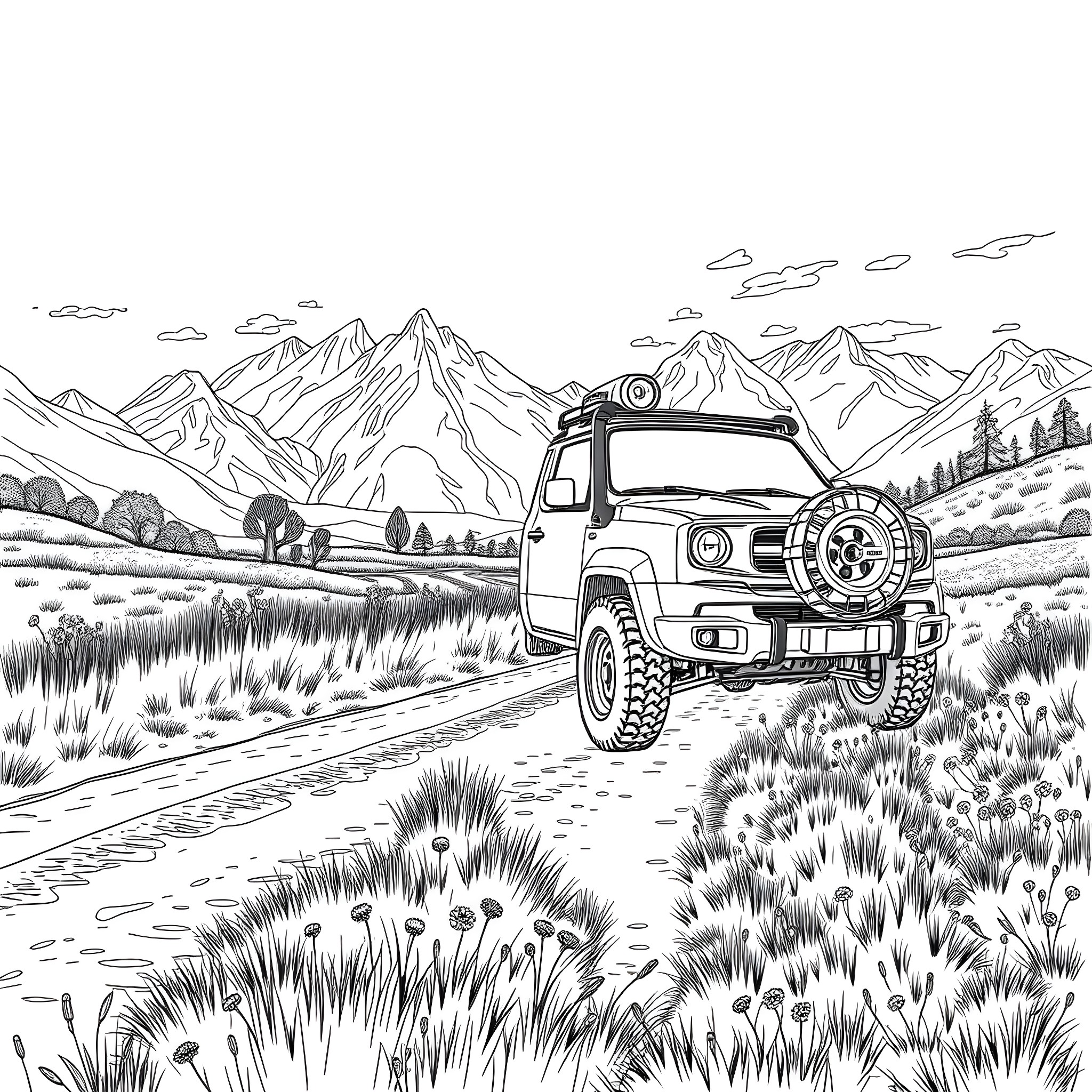 Car Trailer Traversing the Rugged Terrain Coloring Page (free black-and-white line drawing printable PDF for all, from beginners to advanced learners, including children, teens, adults, and seniors)