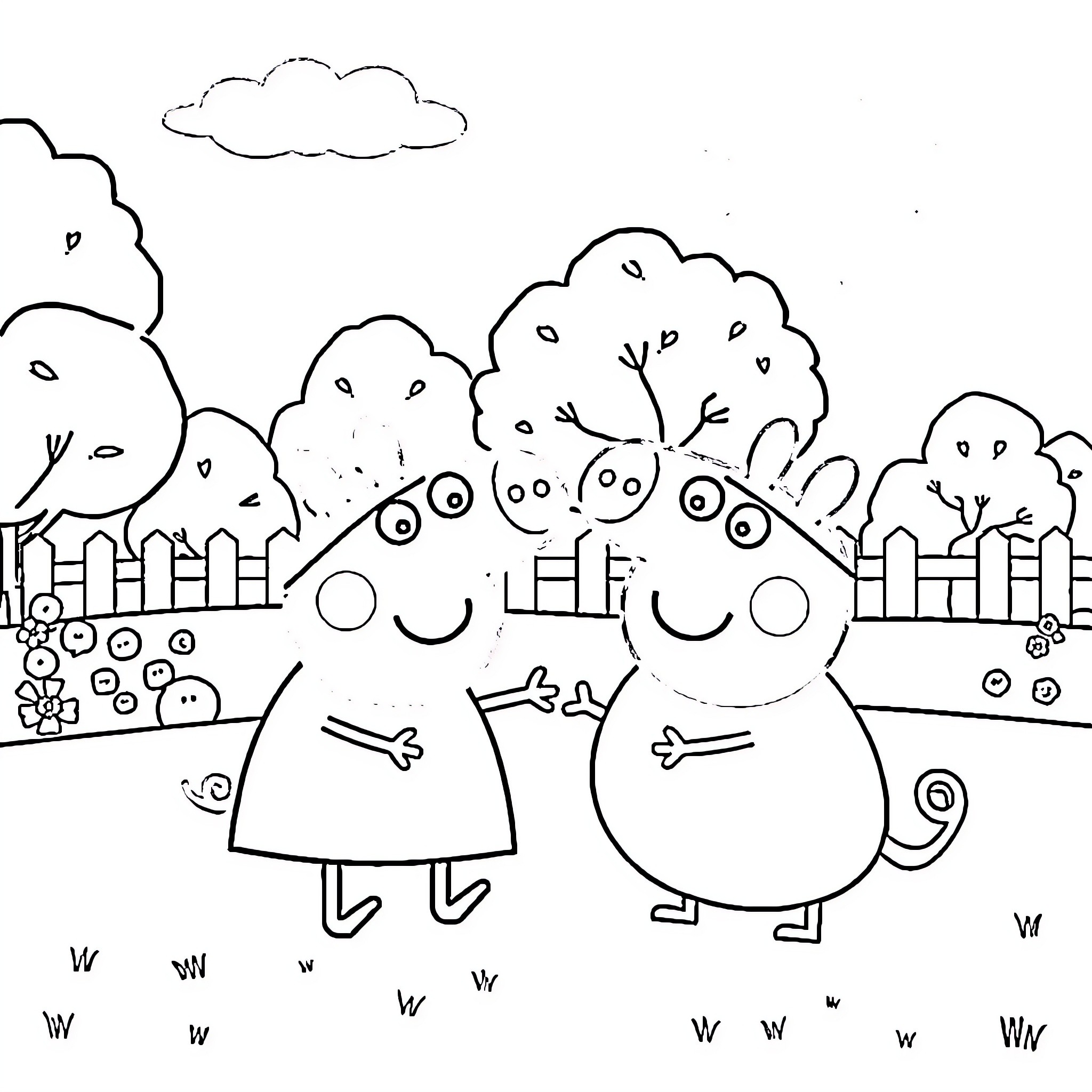 Peppa Pig and Friends Enjoying the Outdoors Coloring Page (free black-and-white line drawing printable PDF for all, from beginners to advanced learners, including children, teens, adults, and seniors)