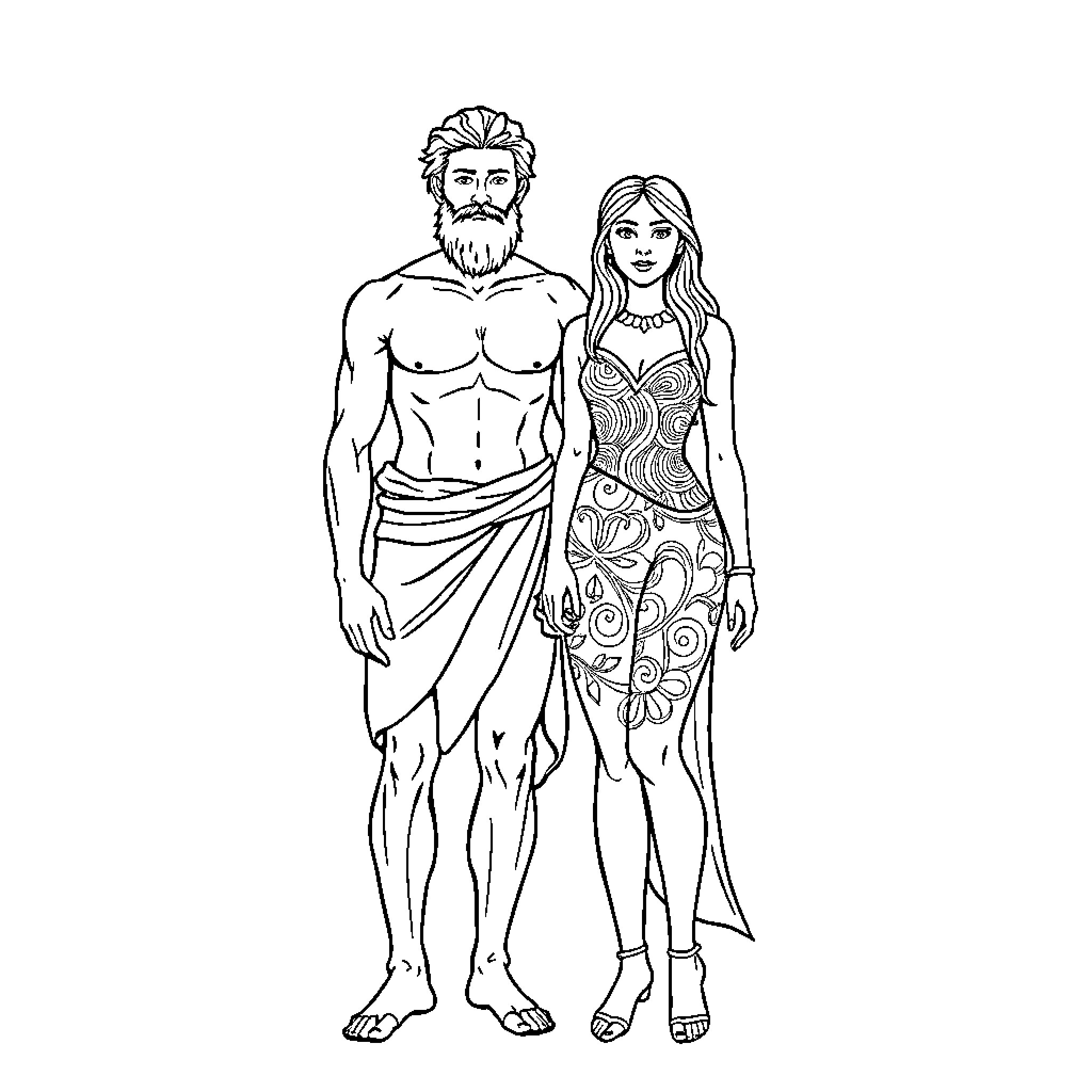 Adam and Eve in the Garden of Eden Coloring Page (free black-and-white line drawing printable PDF for all, from beginners to advanced learners, including children, teens, adults, and seniors)