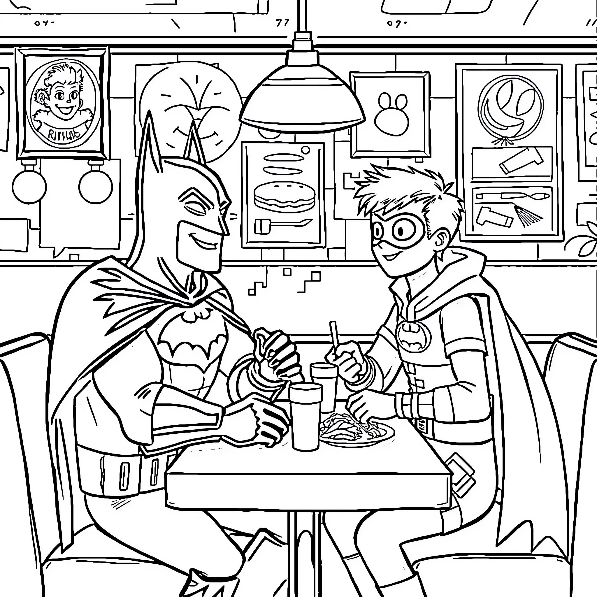 Batman and sidekick enjoying burgers in a diner Coloring Page (free black-and-white line drawing printable PDF for all, from beginners to advanced learners, including children, teens, adults, and seniors)