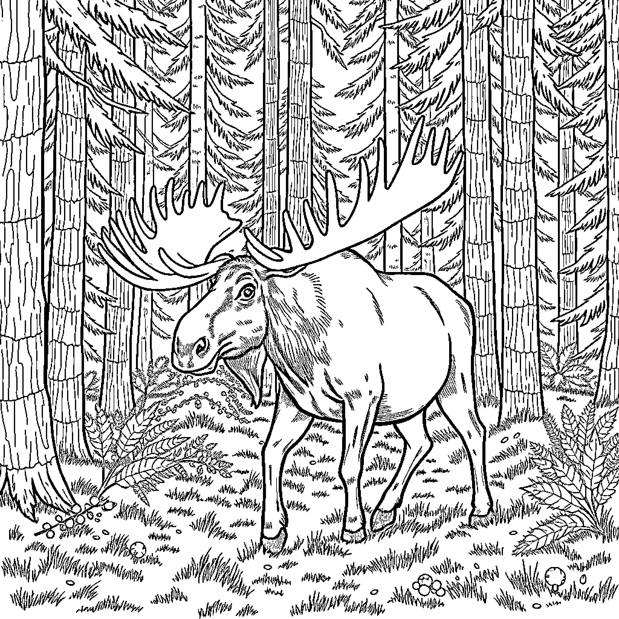 Moose standing amidst the forest trees Coloring Page (free black-and-white line drawing printable PDF for all, from beginners to advanced learners, including children, teens, adults, and seniors)