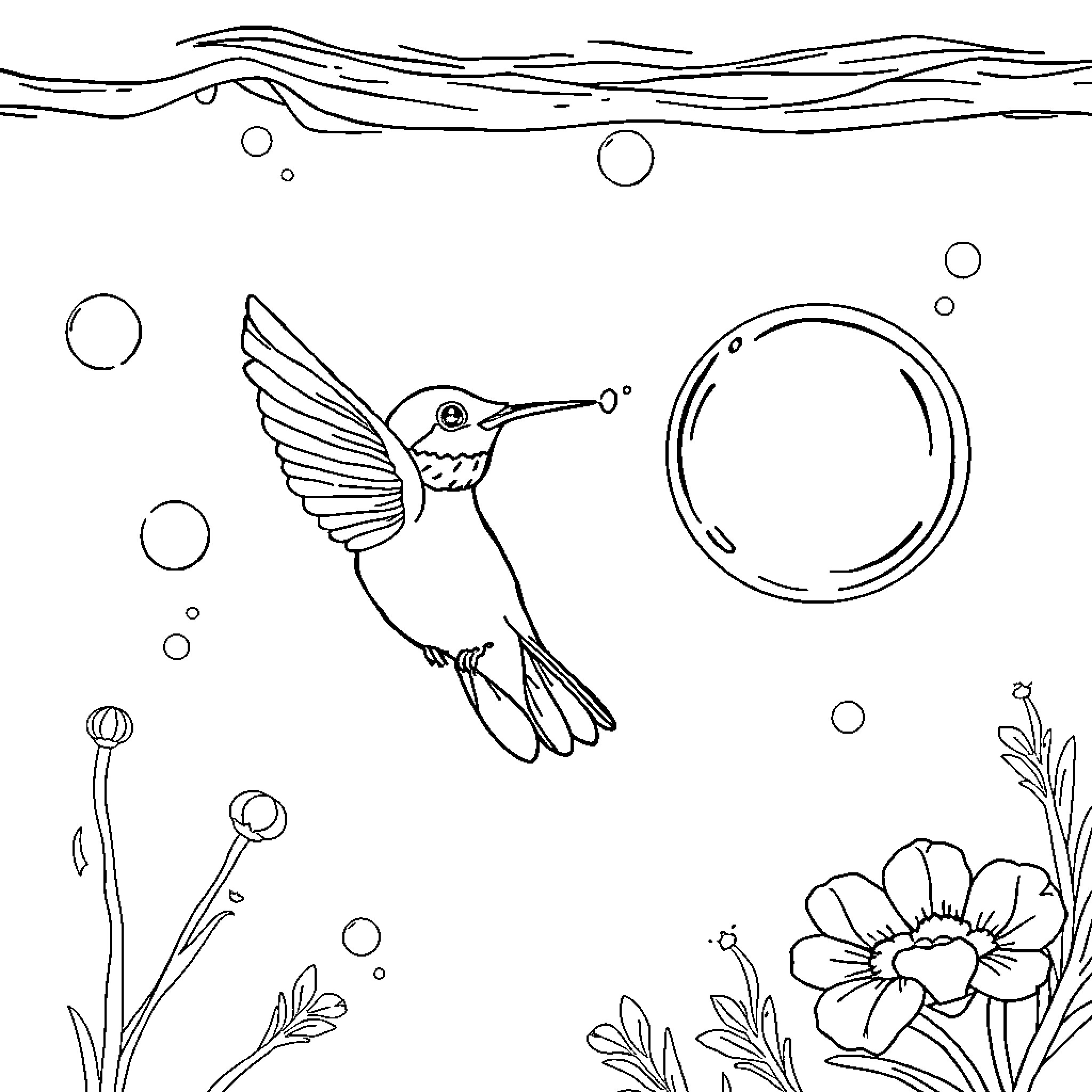 Hummingbird gracefully hovering amidst bubbles and flowers Coloring Page (free black-and-white line drawing printable PDF for all, from beginners to advanced learners, including children, teens, adults, and seniors)