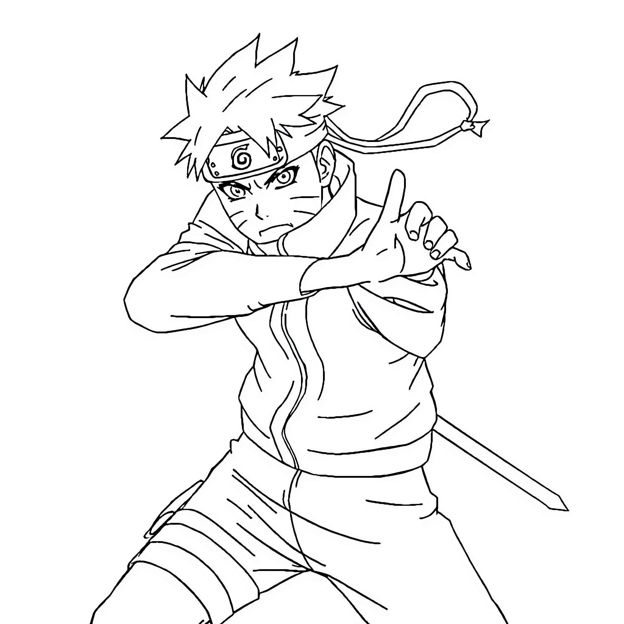 Naruto preparing to fight with determined expression Coloring Page (free black-and-white line drawing printable PDF for all, from beginners to advanced learners, including children, teens, adults, and seniors)