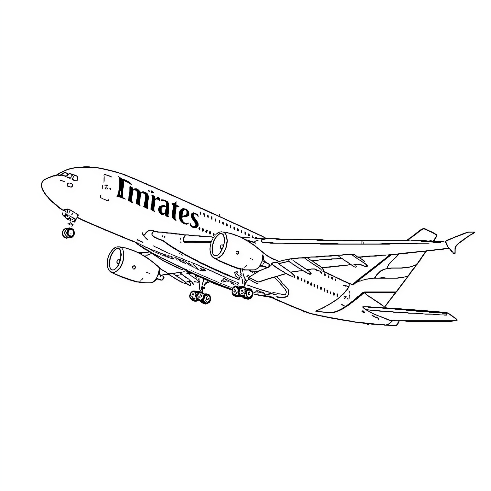 A380 Emirates aircraft in flight Coloring Page (free black-and-white line drawing printable PDF for all, from beginners to advanced learners, including children, teens, adults, and seniors)