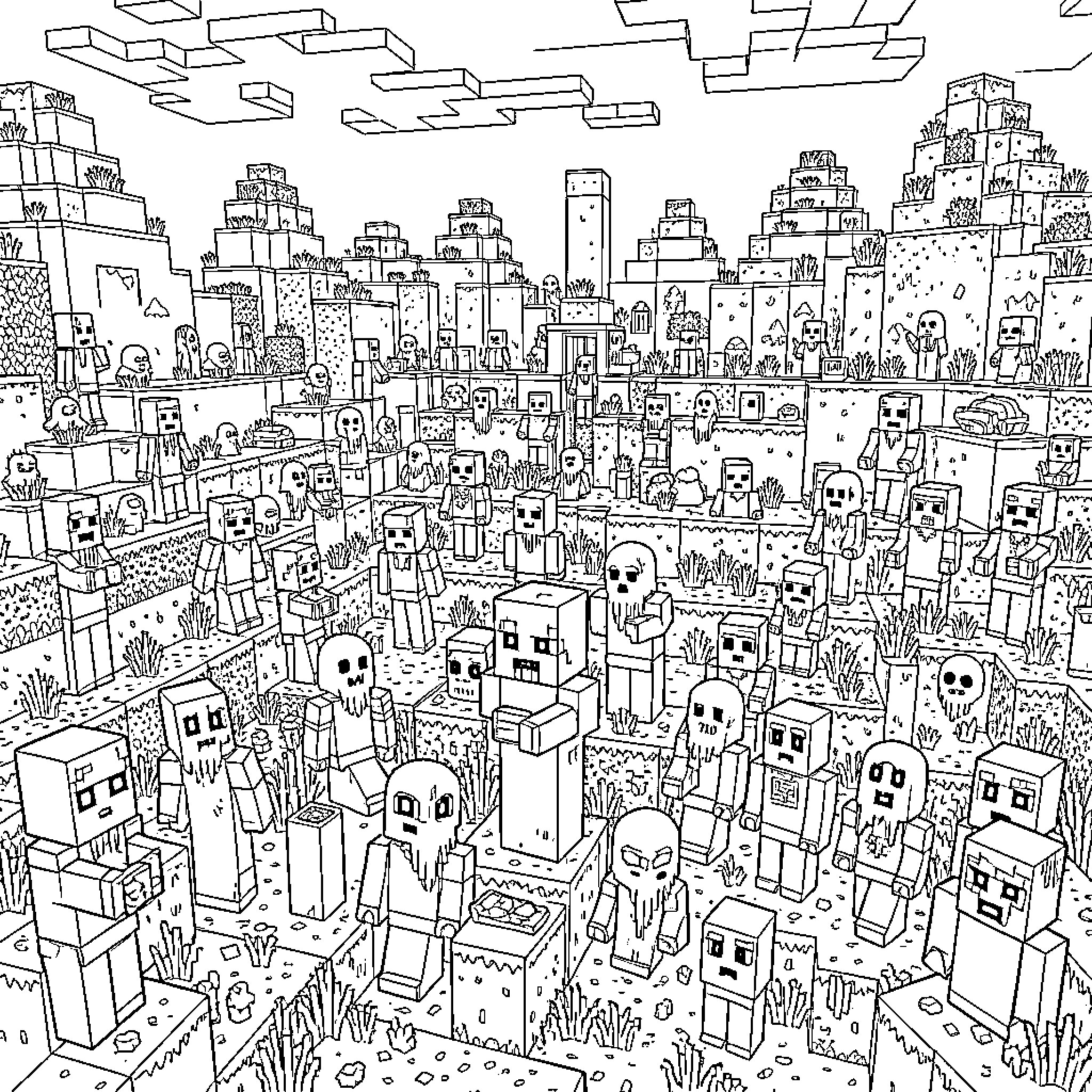 Minecraft Souls of zombies wandering through an ancient desert city Coloring Page (free black-and-white line drawing printable PDF for all, from beginners to advanced learners, including children, teens, adults, and seniors)