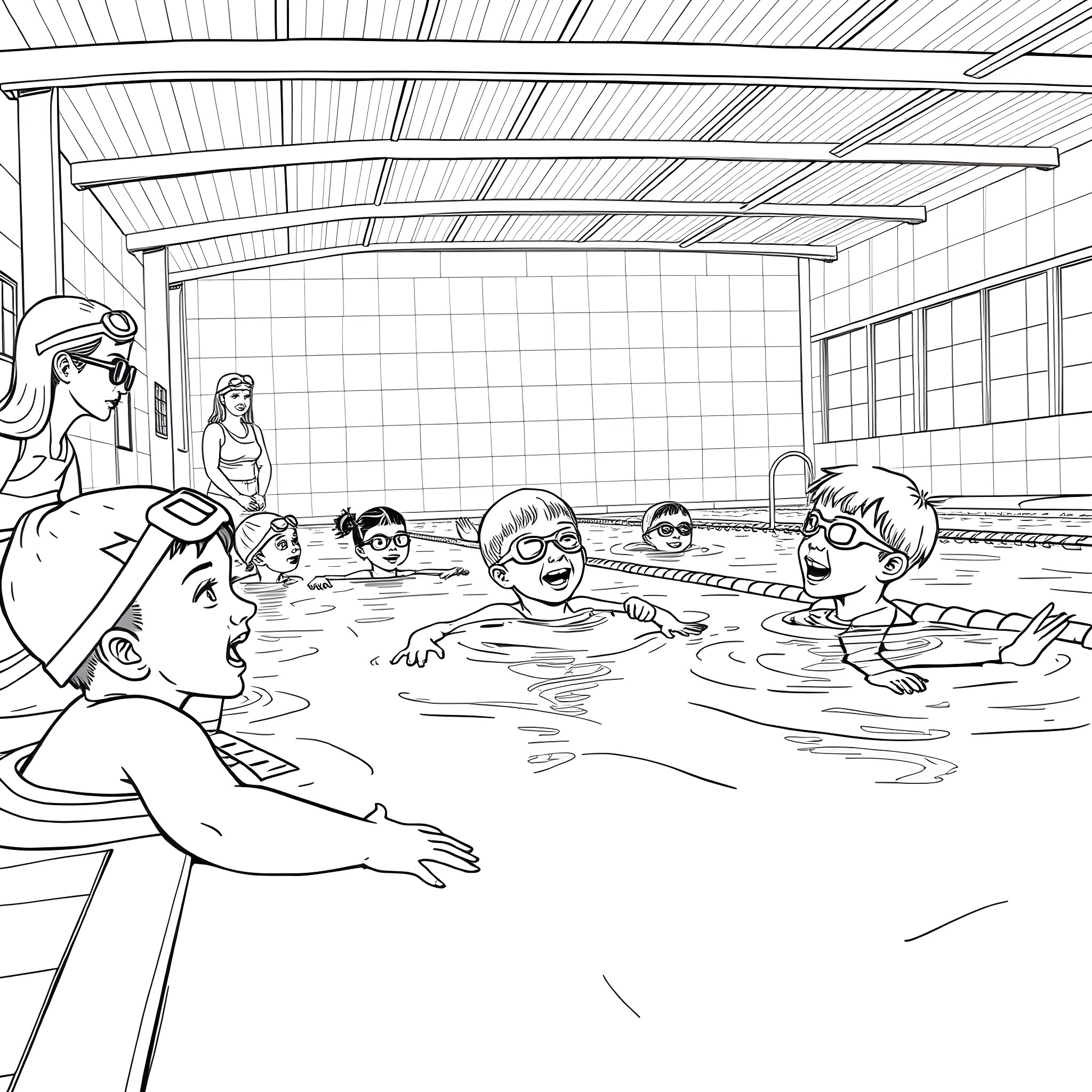 Pool party with friends enjoying the water Coloring Page (free black-and-white line drawing printable PDF for all, from beginners to advanced learners, including children, teens, adults, and seniors)