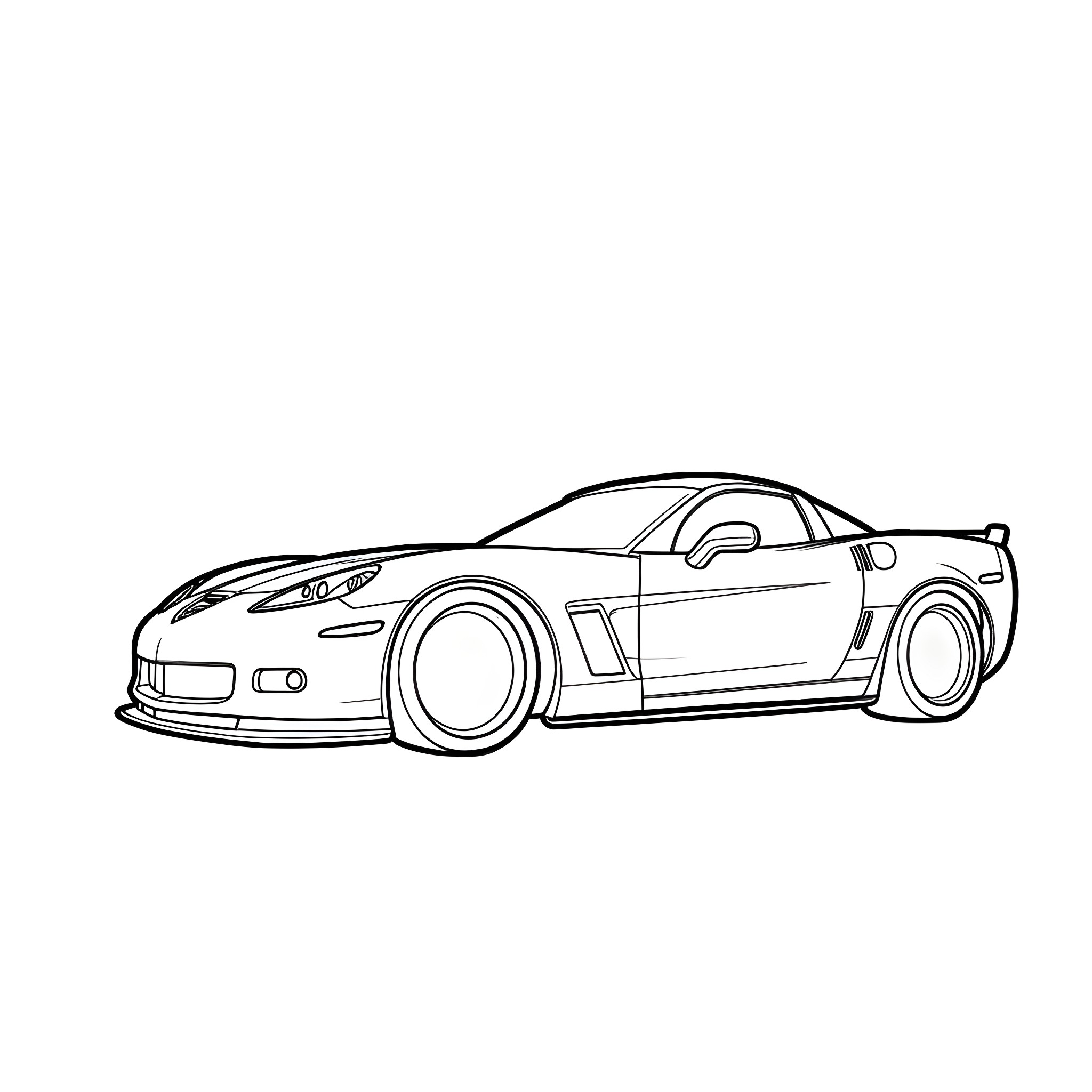 Corvette sports car in bold outline Coloring Page (free black-and-white line drawing printable PDF for all, from beginners to advanced learners, including children, teens, adults, and seniors)