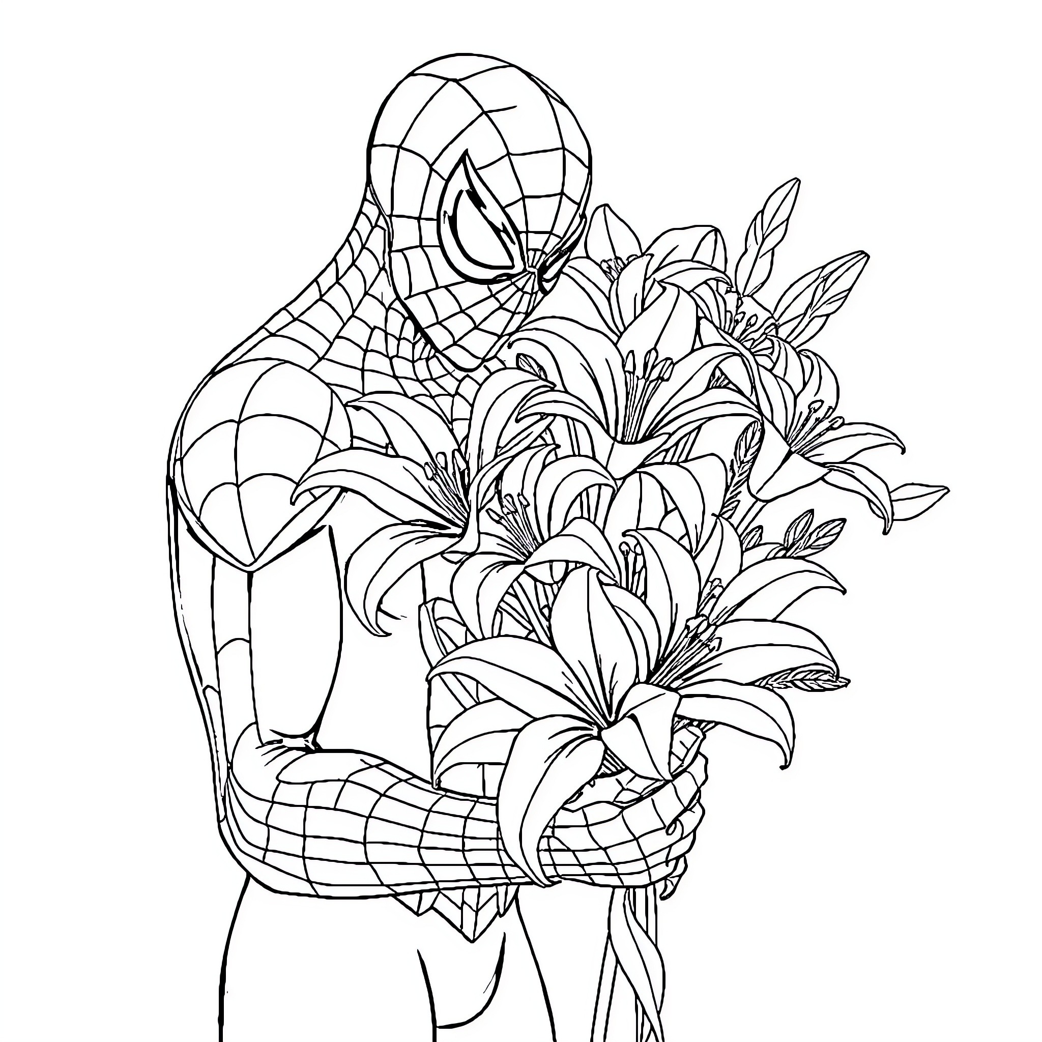 Spiderman holding a bouquet of flowers Coloring Page (free black-and-white line drawing printable PDF for all, from beginners to advanced learners, including children, teens, adults, and seniors)