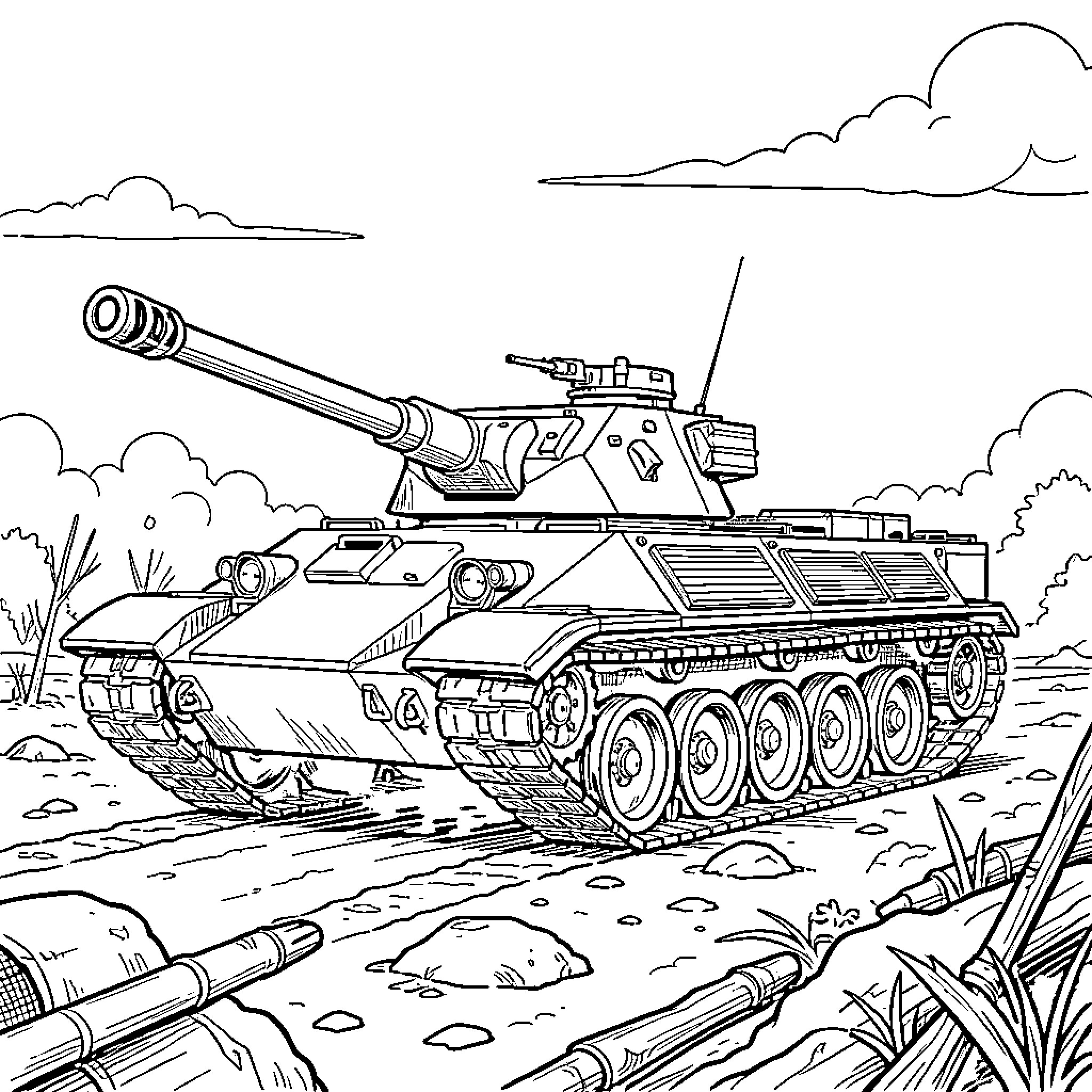 Jagdpanther tank destroyer in combat action Coloring Page (free black-and-white line drawing printable PDF for all, from beginners to advanced learners, including children, teens, adults, and seniors)