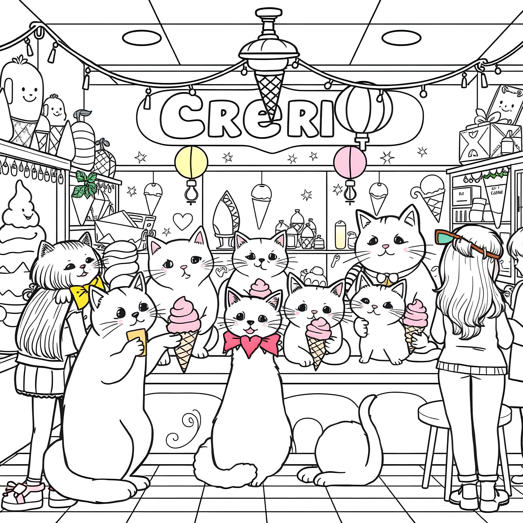 Cats enjoying ice cream in a cozy cafe Coloring Page (free black-and-white line drawing printable PDF for all, from beginners to advanced learners, including children, teens, adults, and seniors)