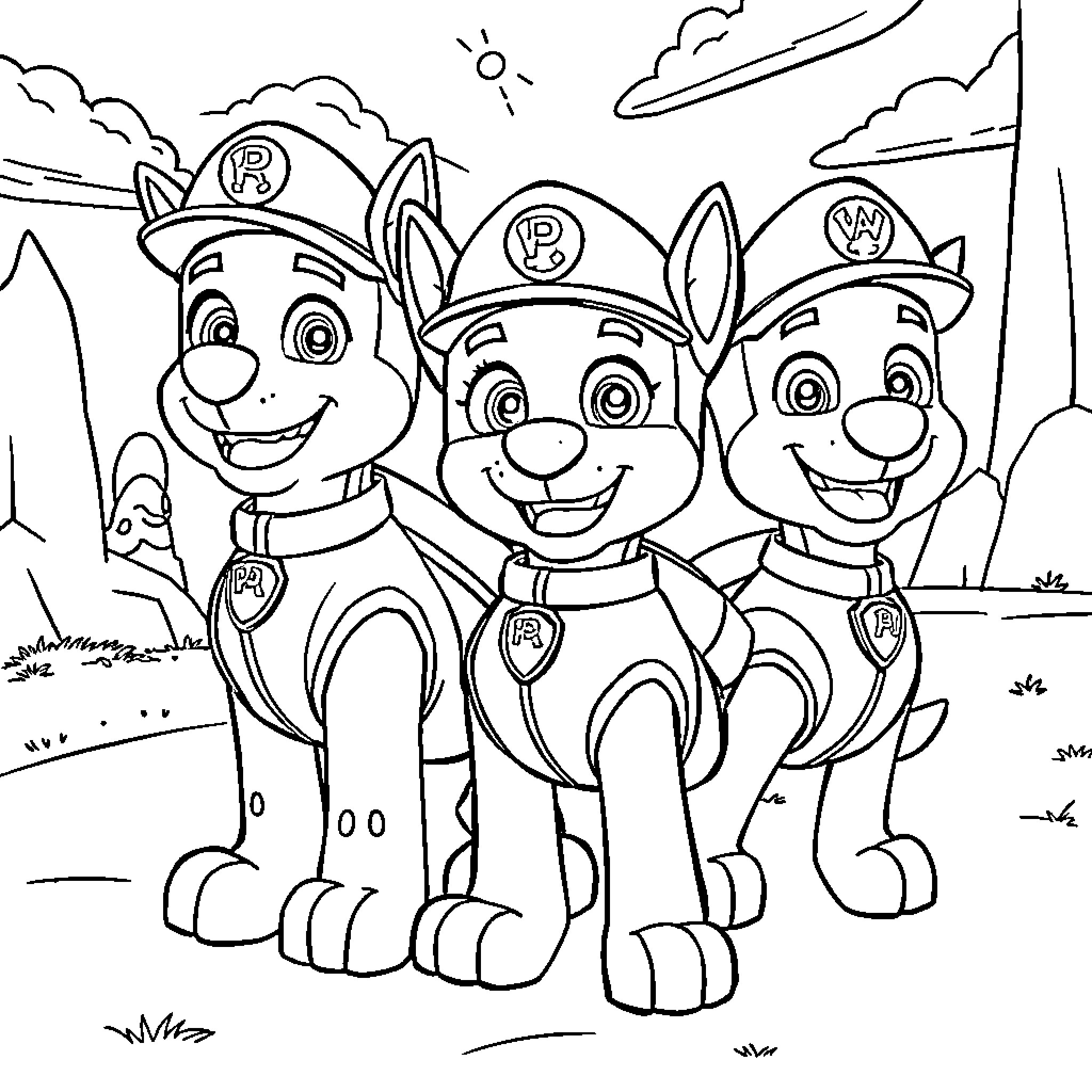 Paw Patrol Trio Posing Together Coloring Page (free black-and-white line drawing printable PDF for all, from beginners to advanced learners, including children, teens, adults, and seniors)