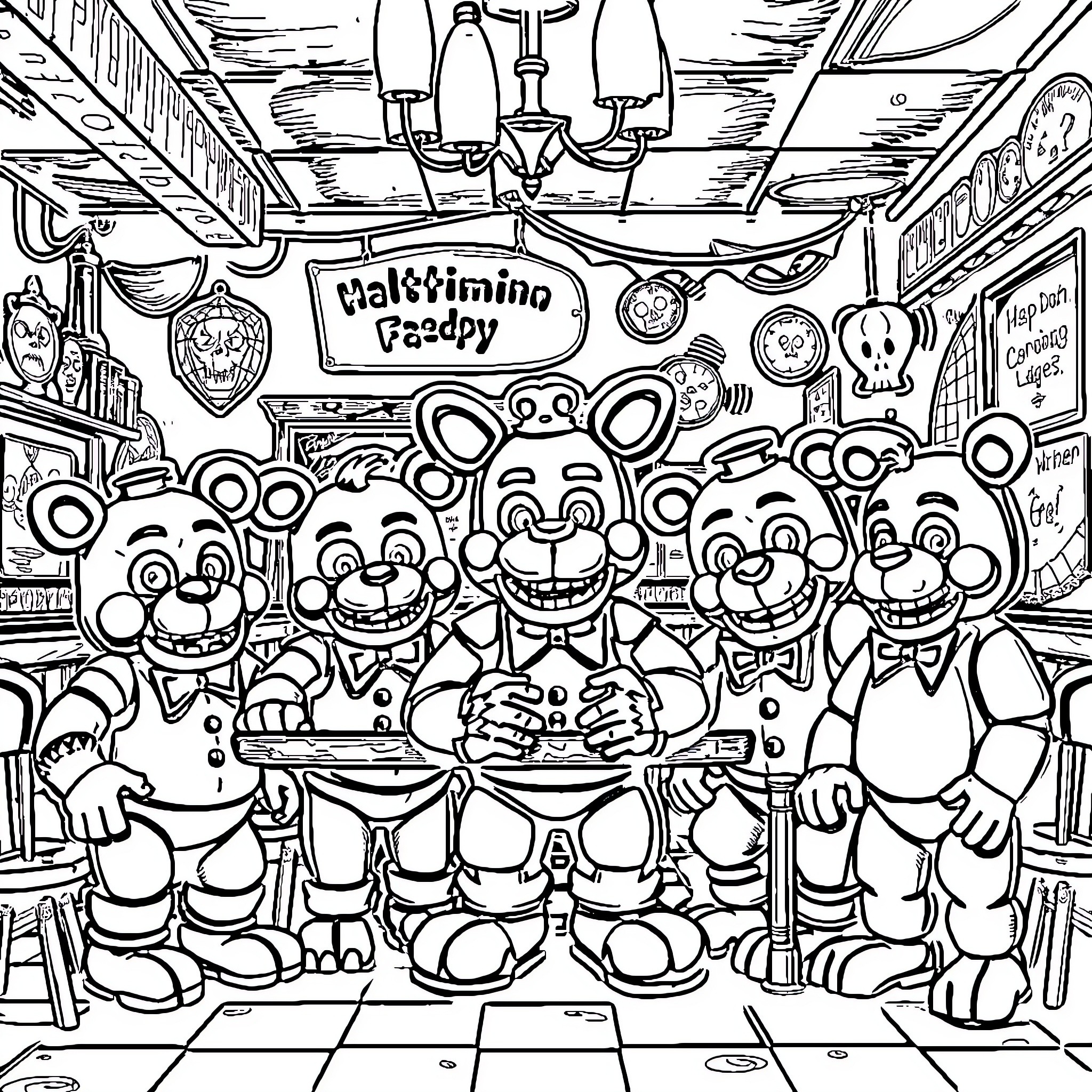 Five Nights At Freddy's: Animatronic Friends Gather for a Meal Coloring Page (free black-and-white line drawing printable PDF for all, from beginners to advanced learners, including children, teens, adults, and seniors)