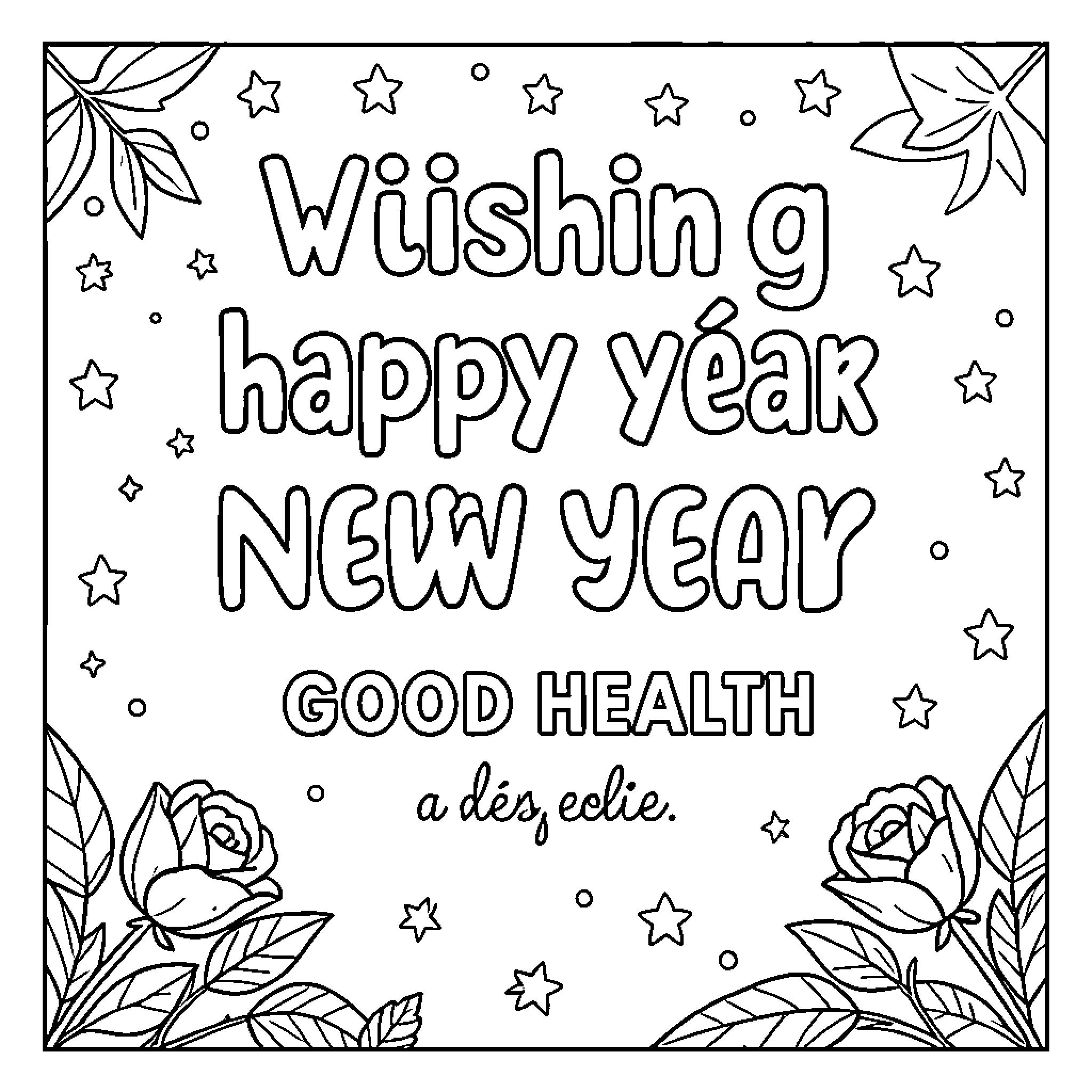 New Year greetings with floral decorations and stars Coloring Page (free black-and-white line drawing printable PDF for all, from beginners to advanced learners, including children, teens, adults, and seniors)