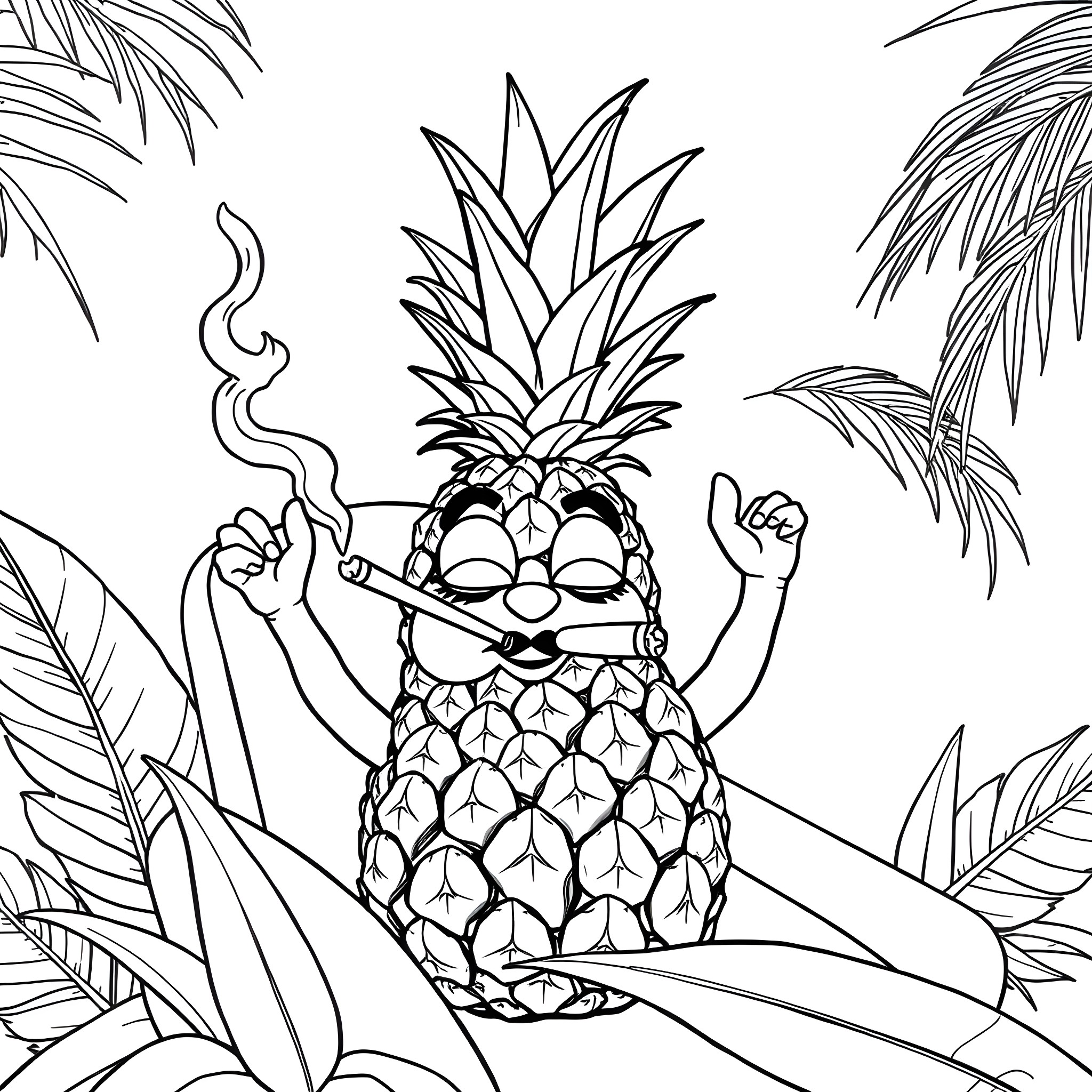 Pineapple relaxing with a smoking pipe in tropical foliage Coloring Page (free black-and-white line drawing printable PDF for all, from beginners to advanced learners, including children, teens, adults, and seniors)